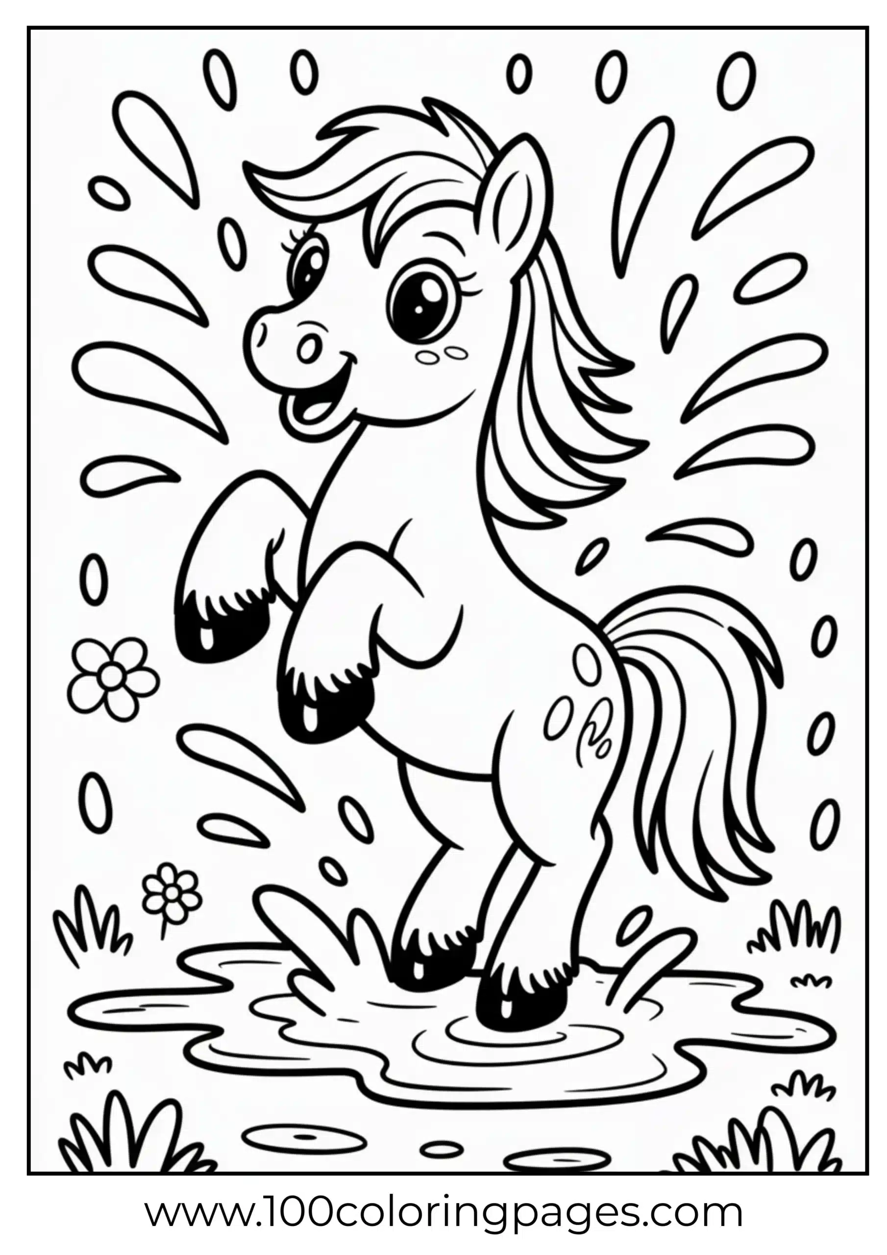Pony jumping in puddle with splashes