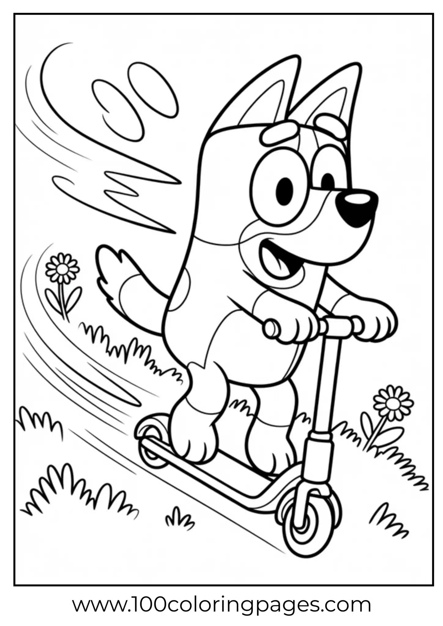 Puppy cartoon riding a scooter in a lively outdoor scene