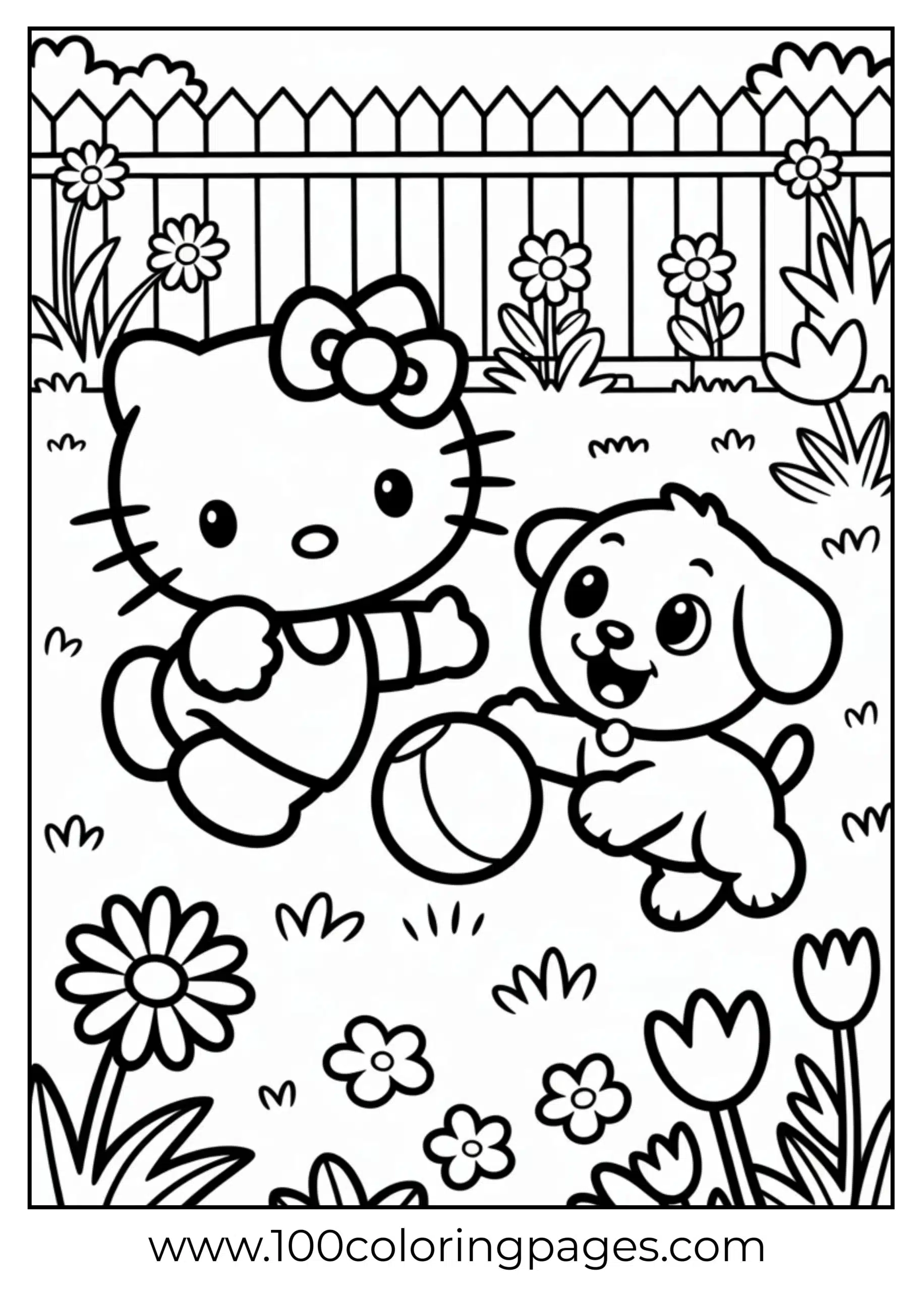Hello Kitty playing with puppy coloring page