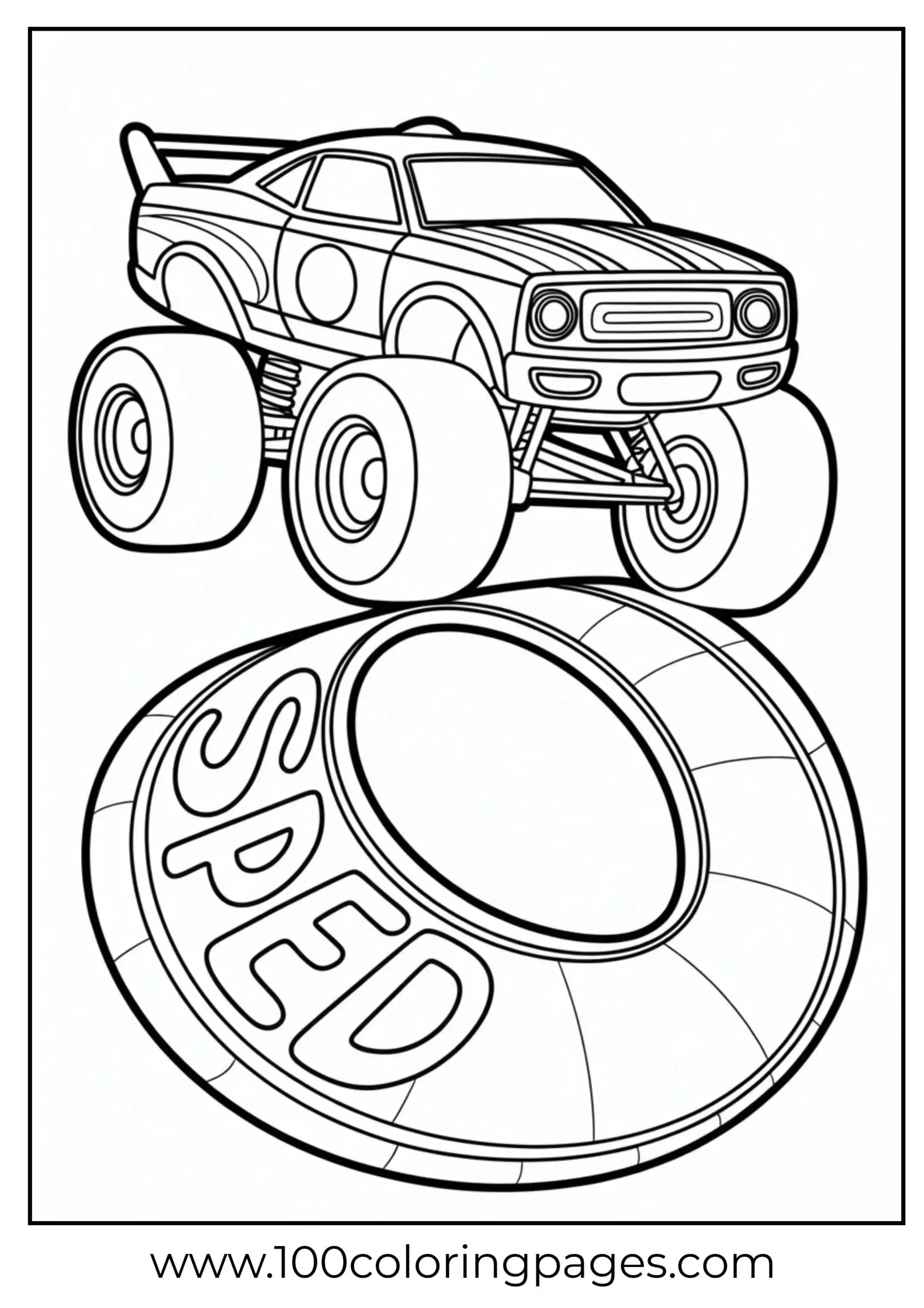 Low-slung monster truck styled like race car on loop