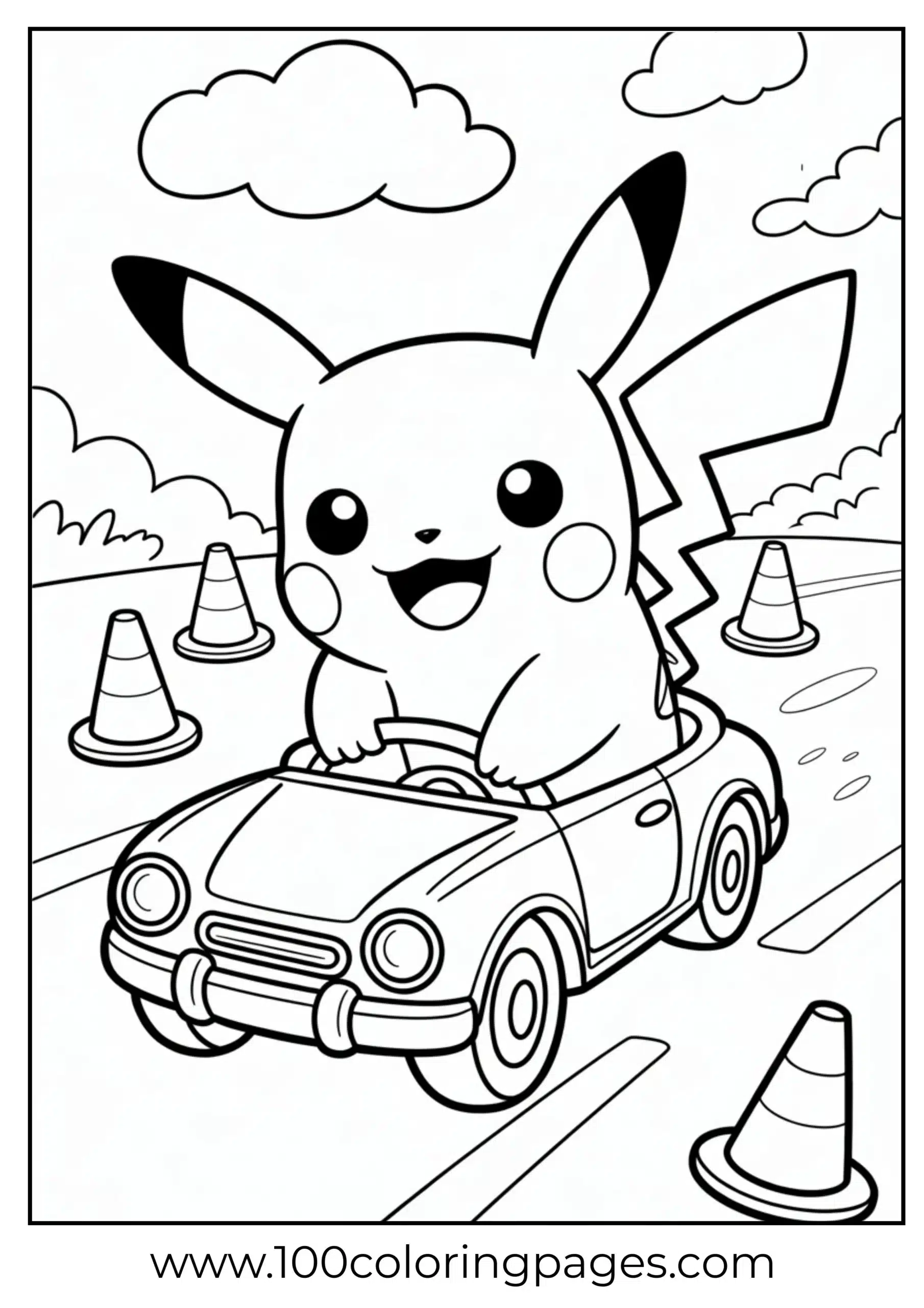 Pikachu driving car in playful scene