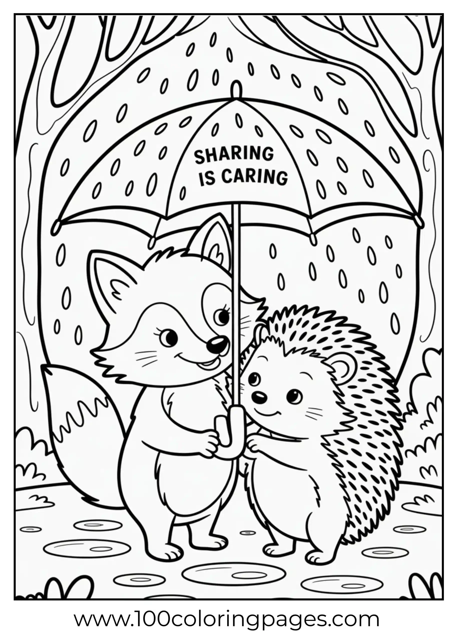 Fox and hedgehog together in rain