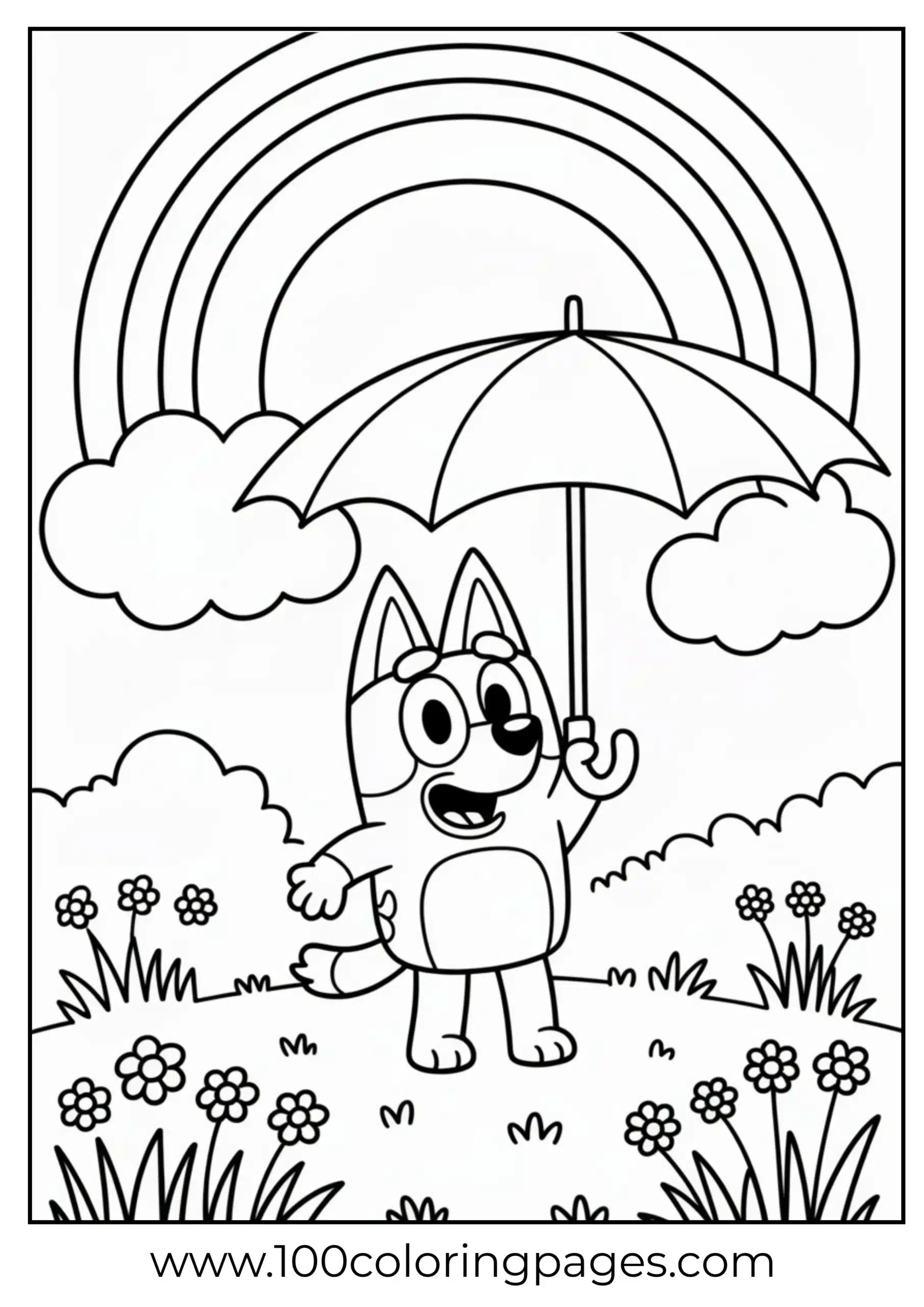 Bluey with umbrella and rainbow coloring page
