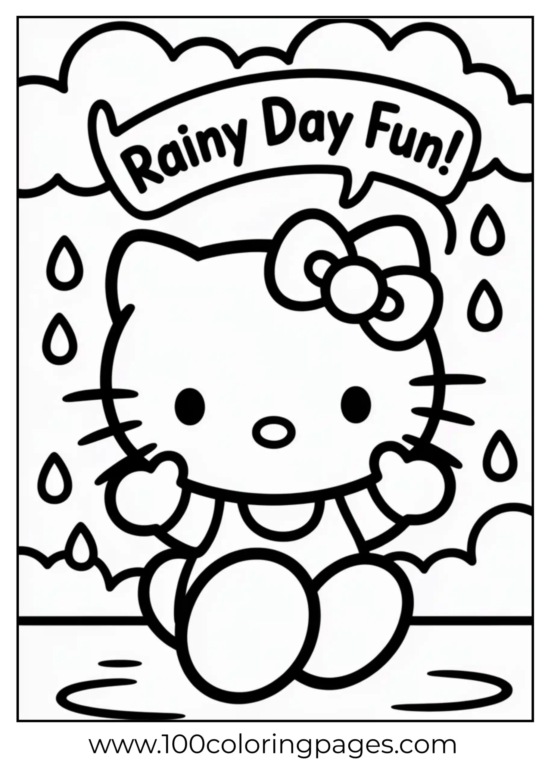 Hello Kitty catching raindrops coloring page