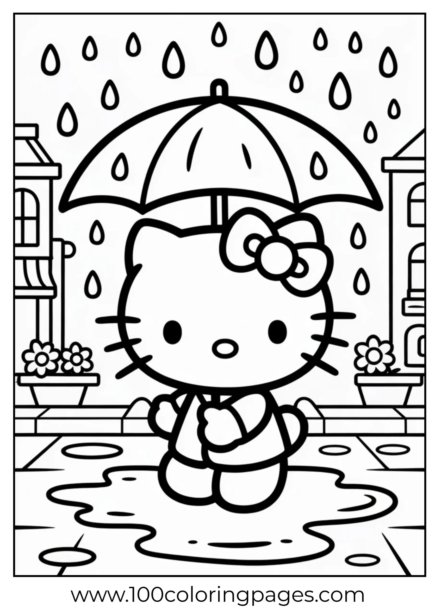 Hello Kitty in the rain coloring page