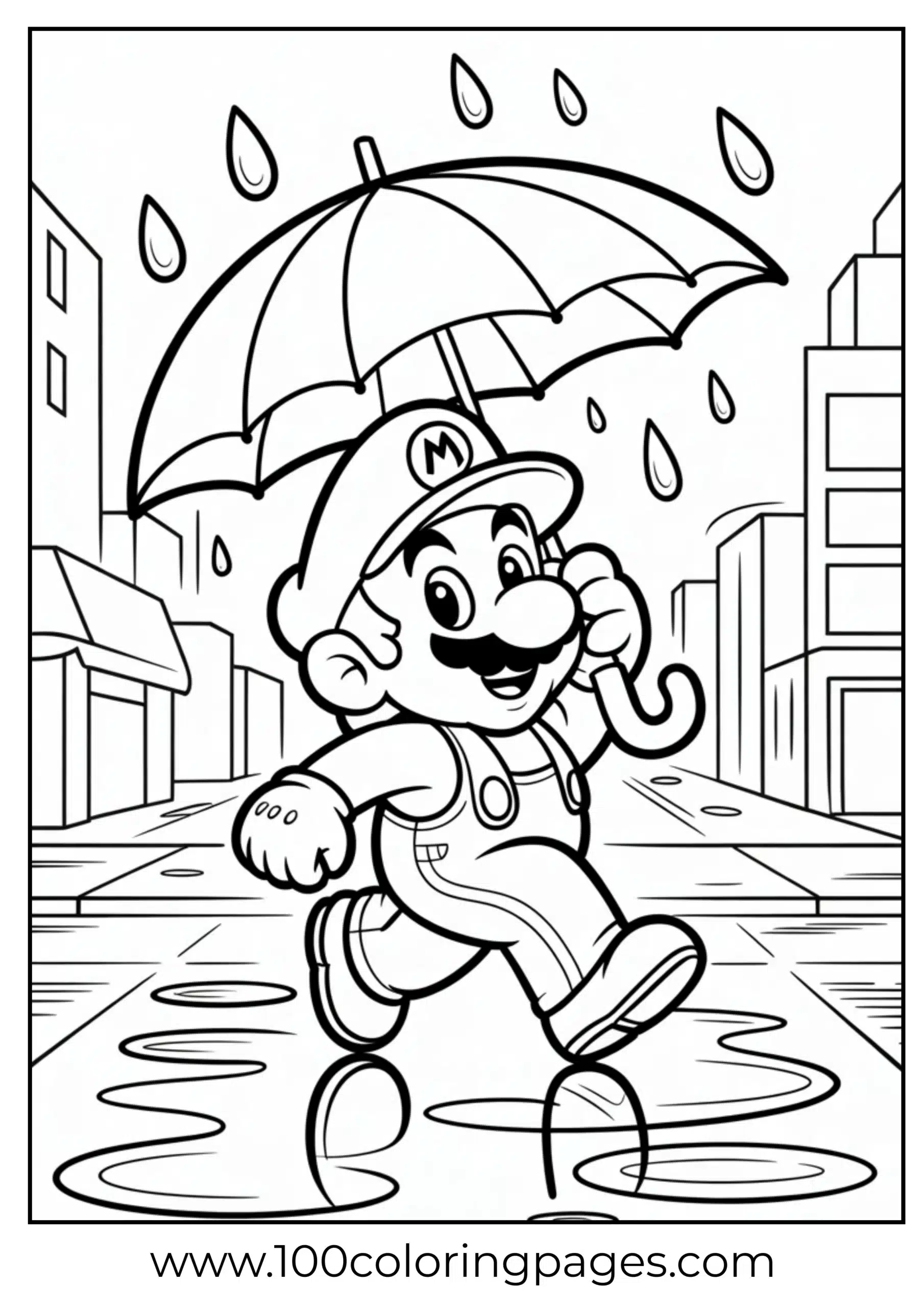 Mario walking in rain under umbrella for cozy coloring scene