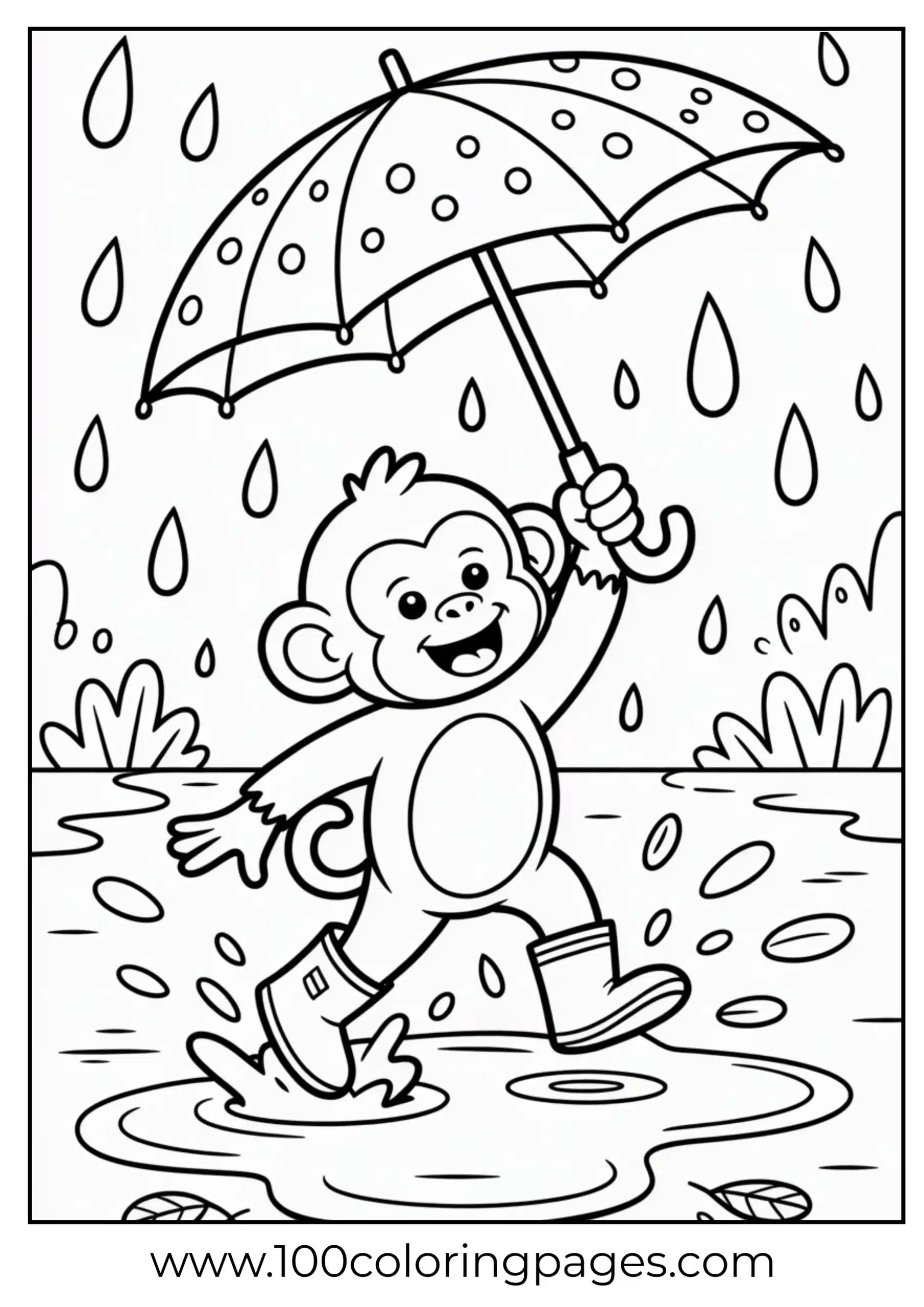 Monkey playing in rain puddle coloring page