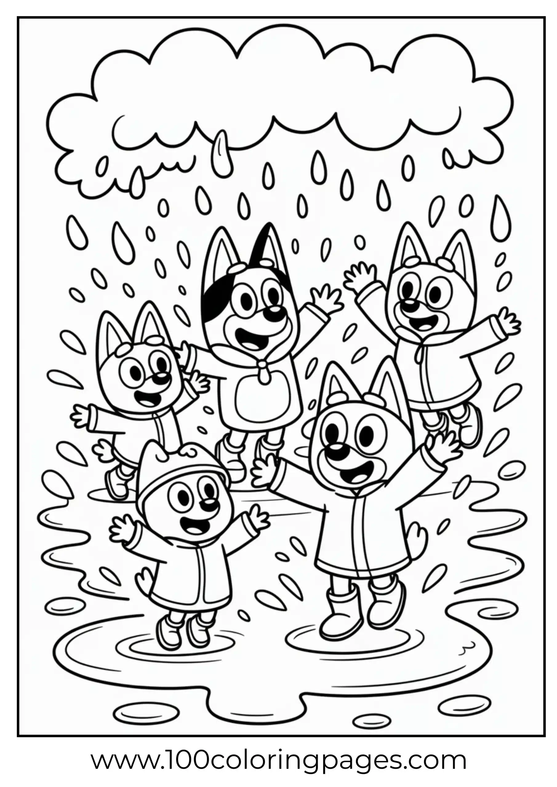 Bluey and friends in rain puddles coloring page