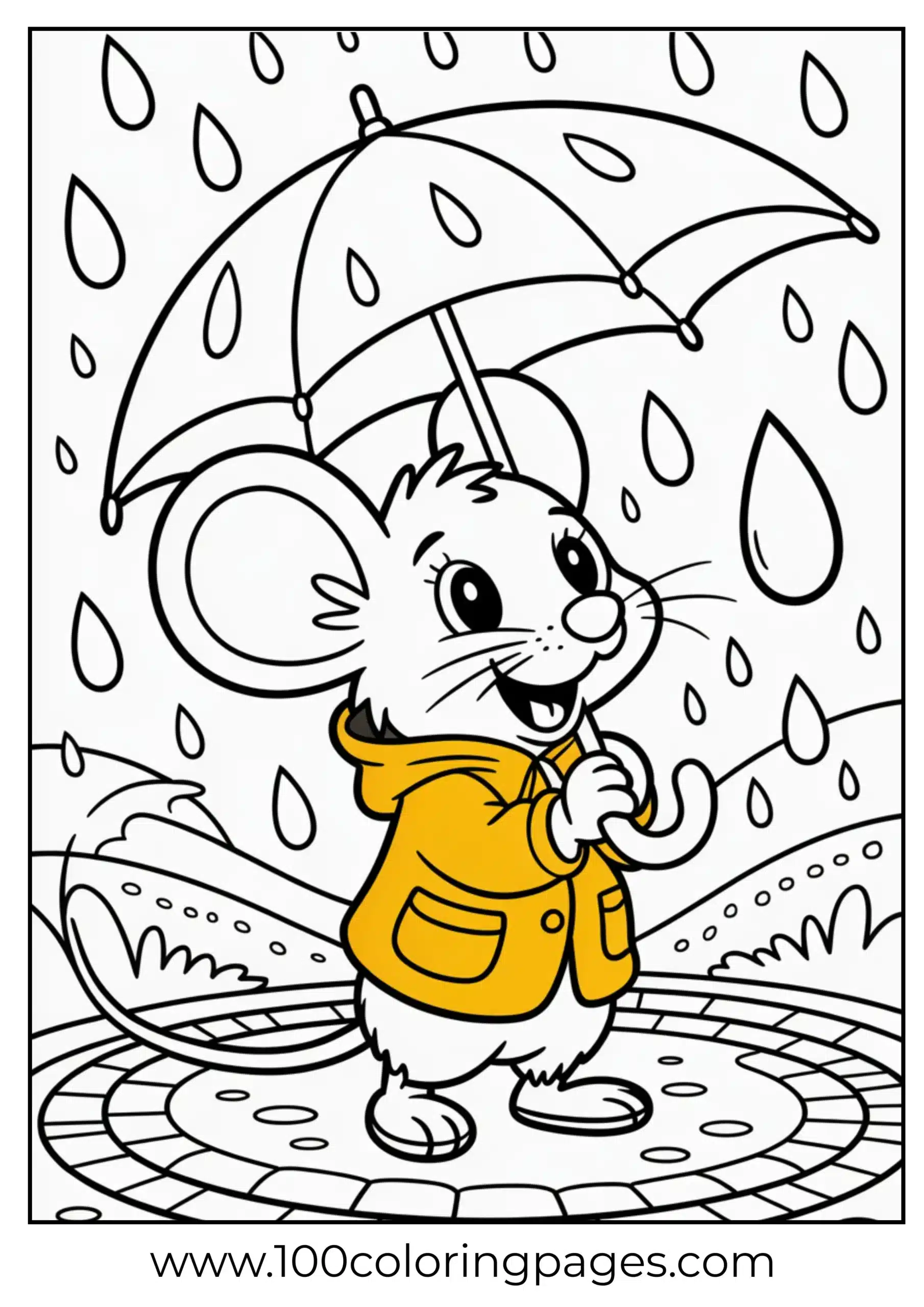 Mouse in rain with umbrella coloring page