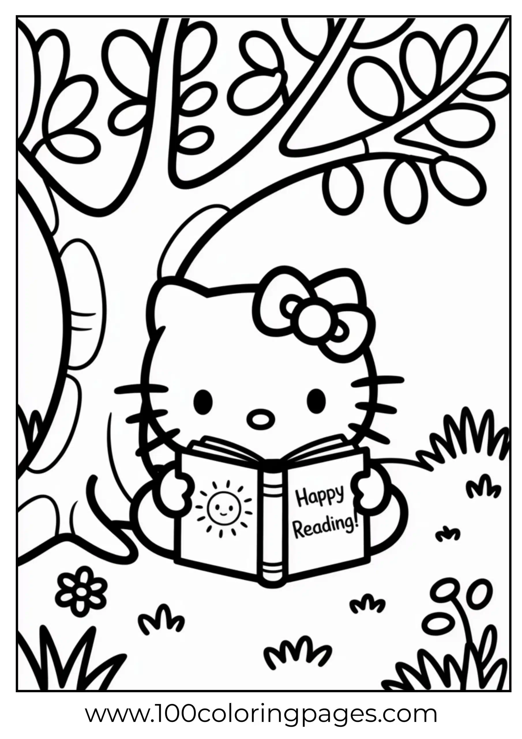 Hello Kitty reading book coloring page