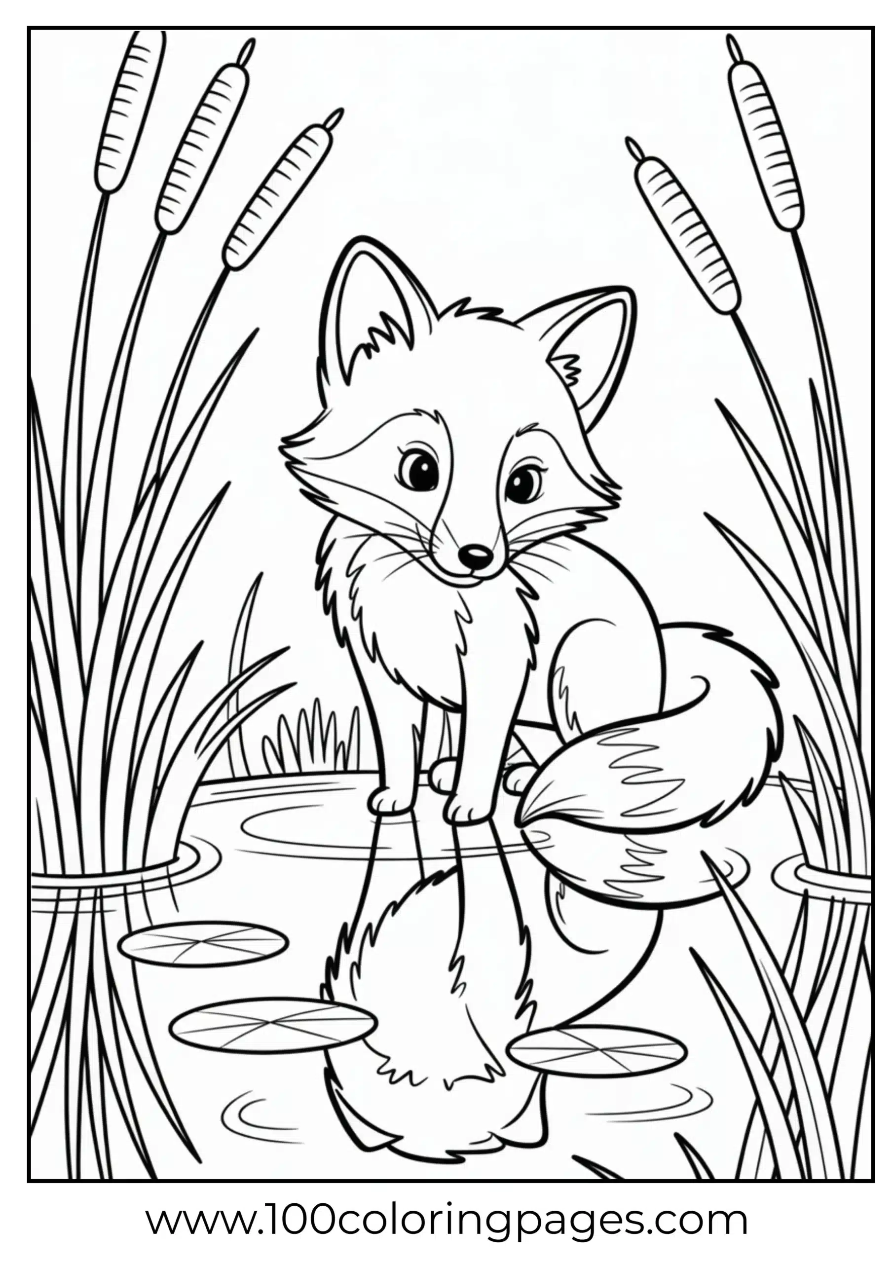 Fox peering into pond with clear reflection