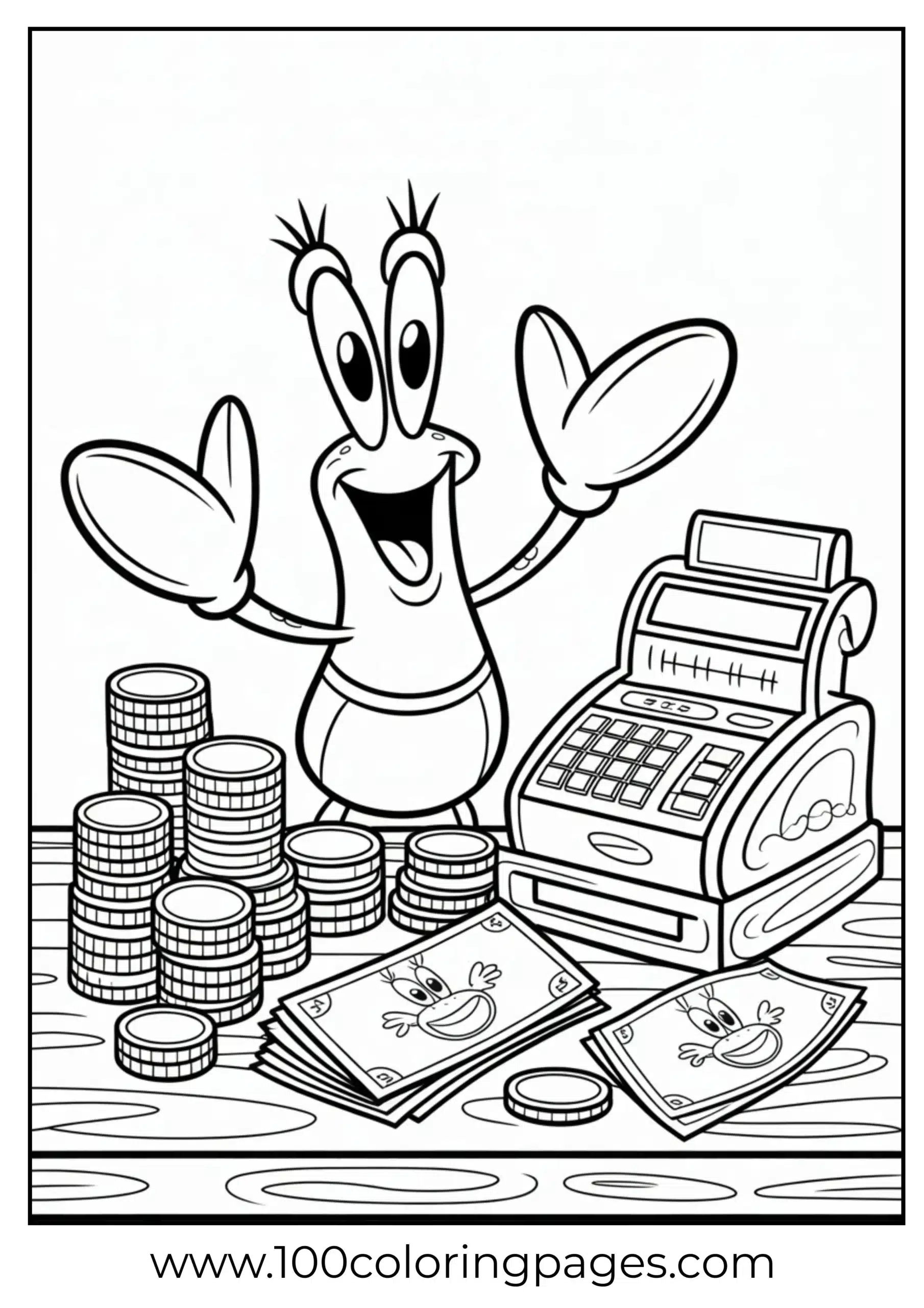Mr. Krabs surrounded by money piles in coloring format
