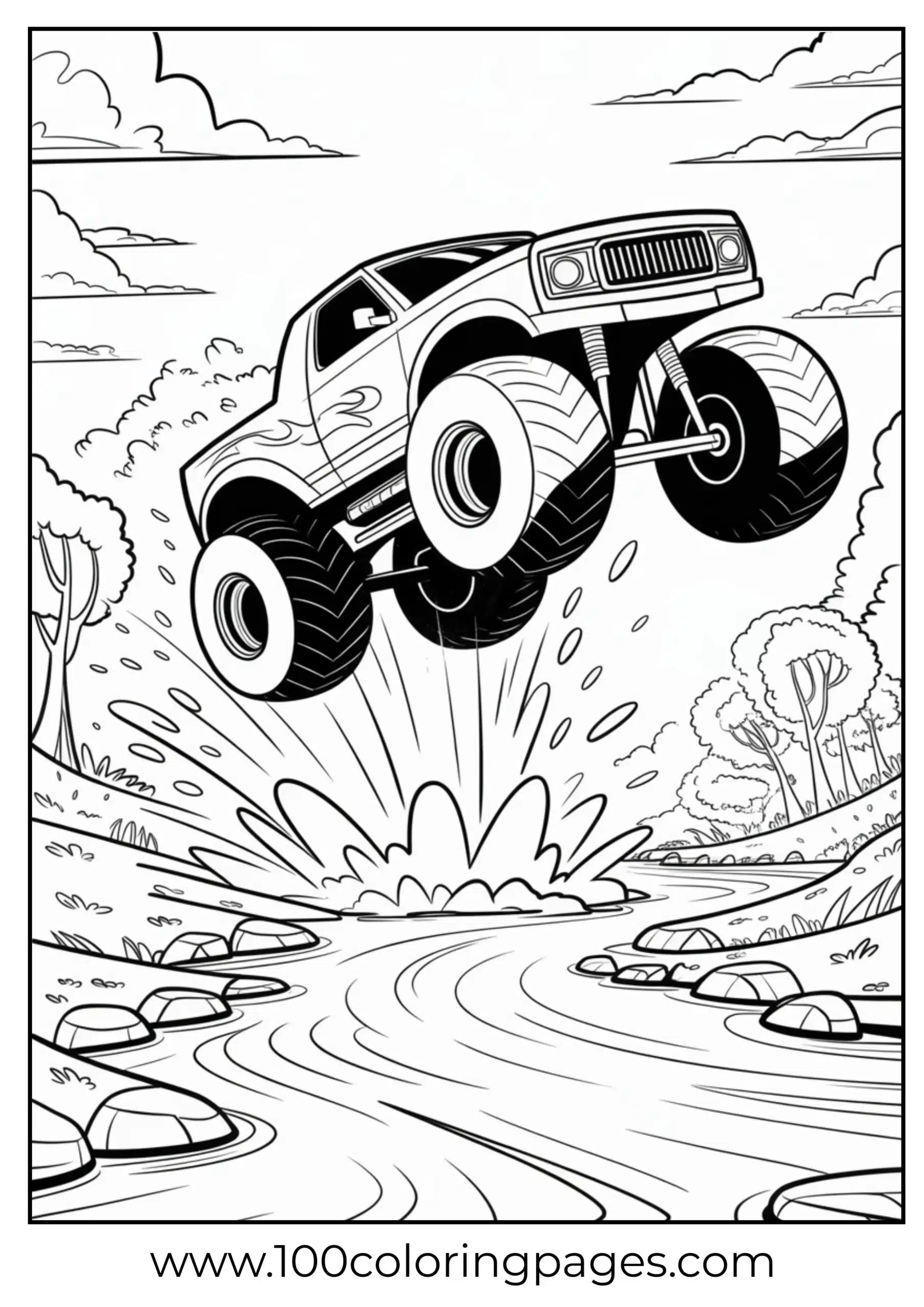 Monster truck splashing into river with water waves