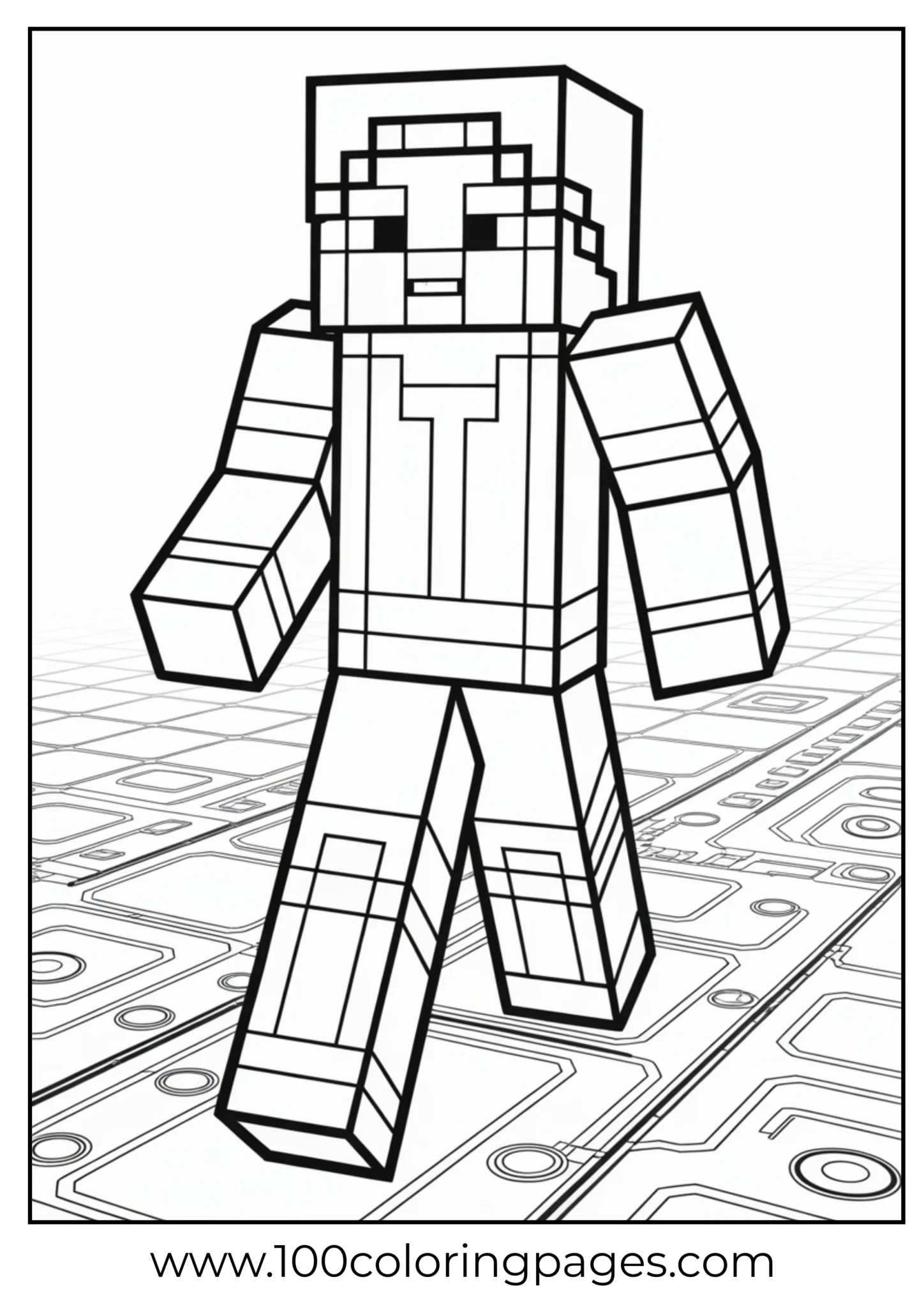 Printable robot on a futuristic cityscape coloring page