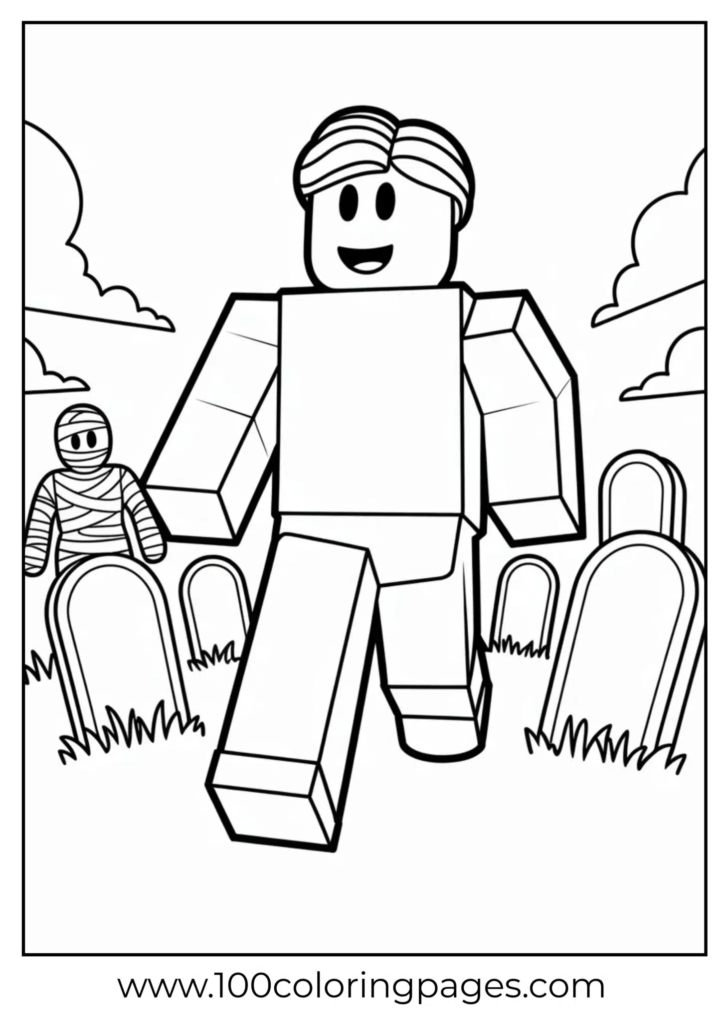 Cartoon robot and mummy in a cemetery scene coloring page