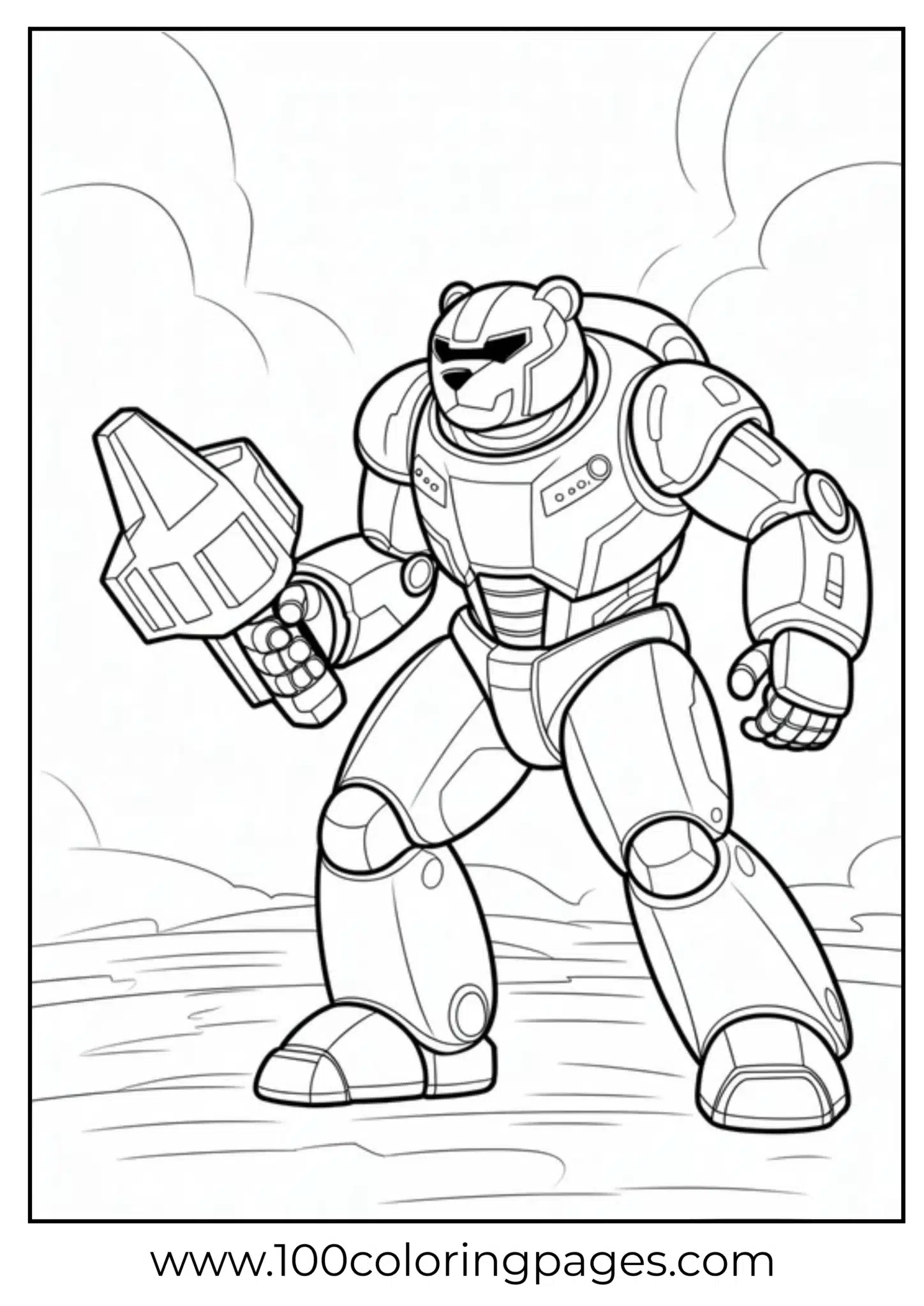 A robot bear wearing armor with a blaster in hand