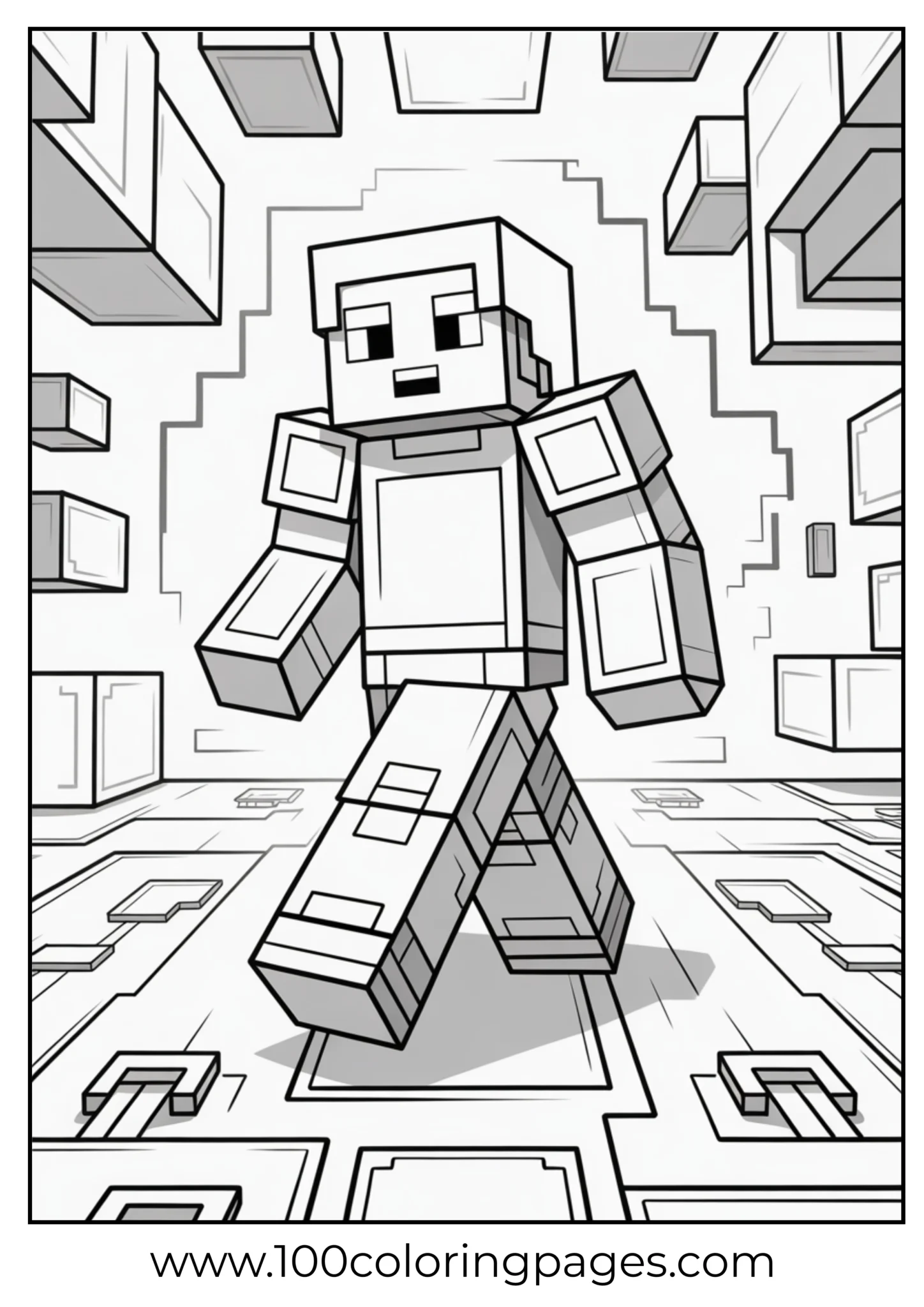 Robot character strolls through a block-styled city