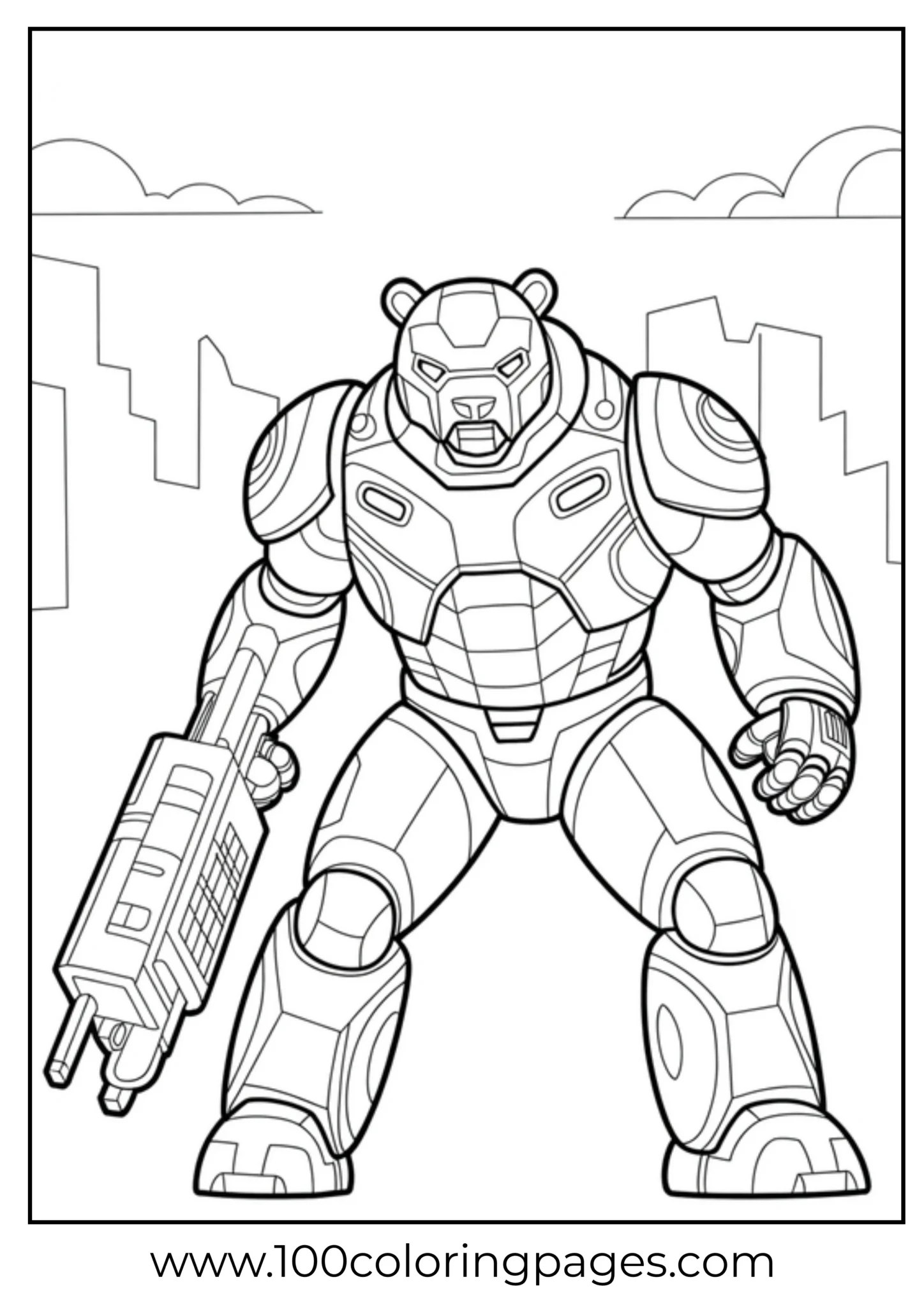 Robotic bear with futuristic armor and blaster