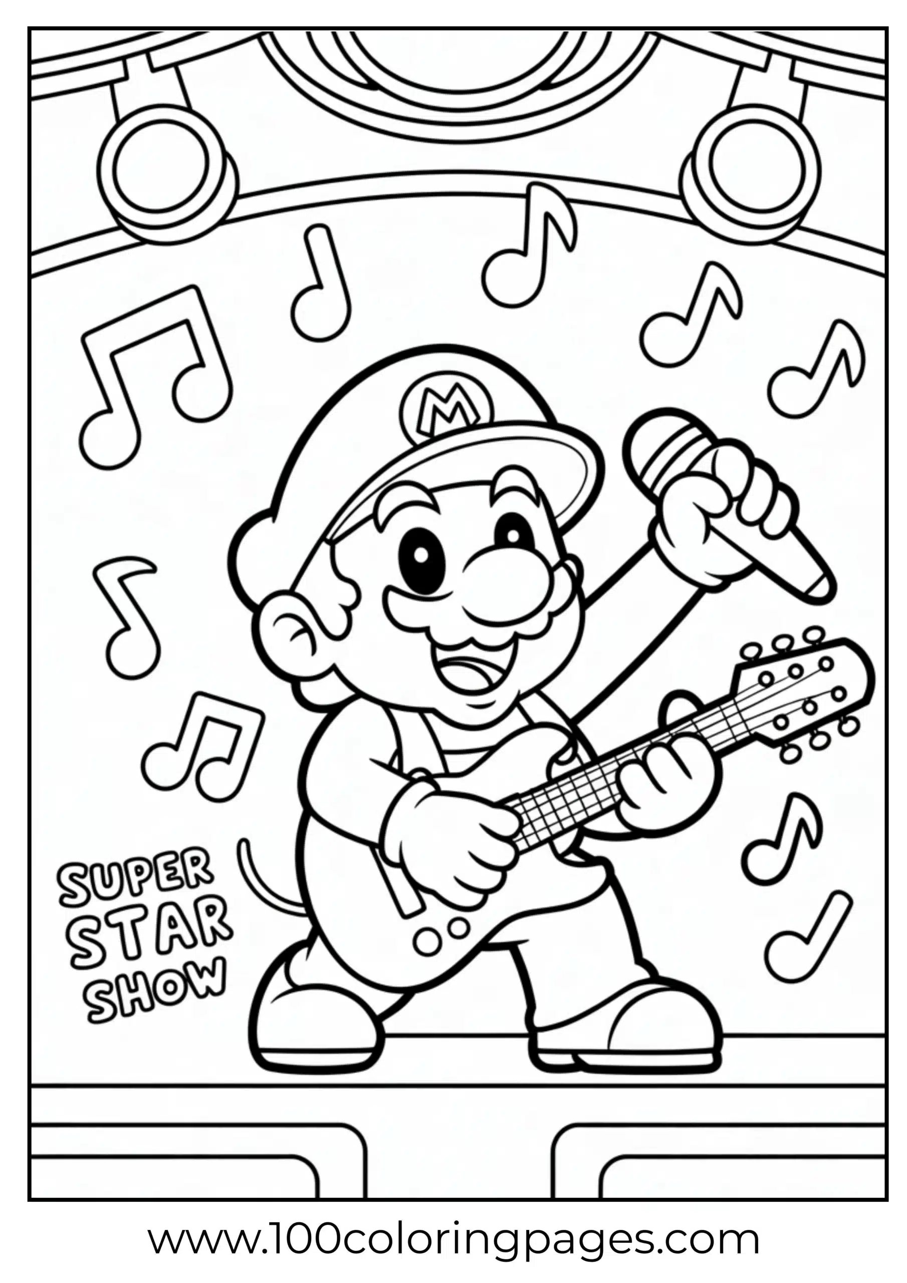 Mario as a rock star playing guitar in bold outlines