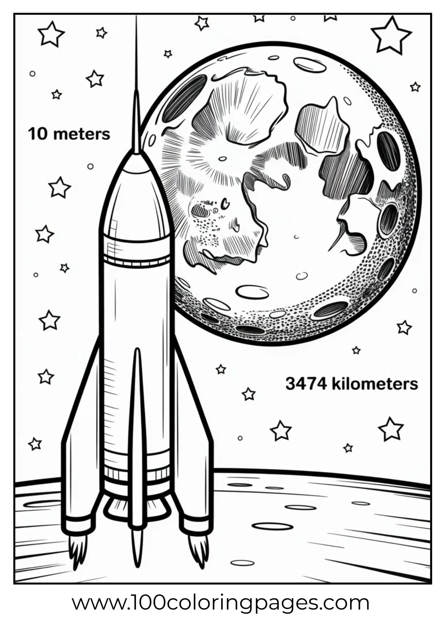 Rocket and moon size comparison coloring page