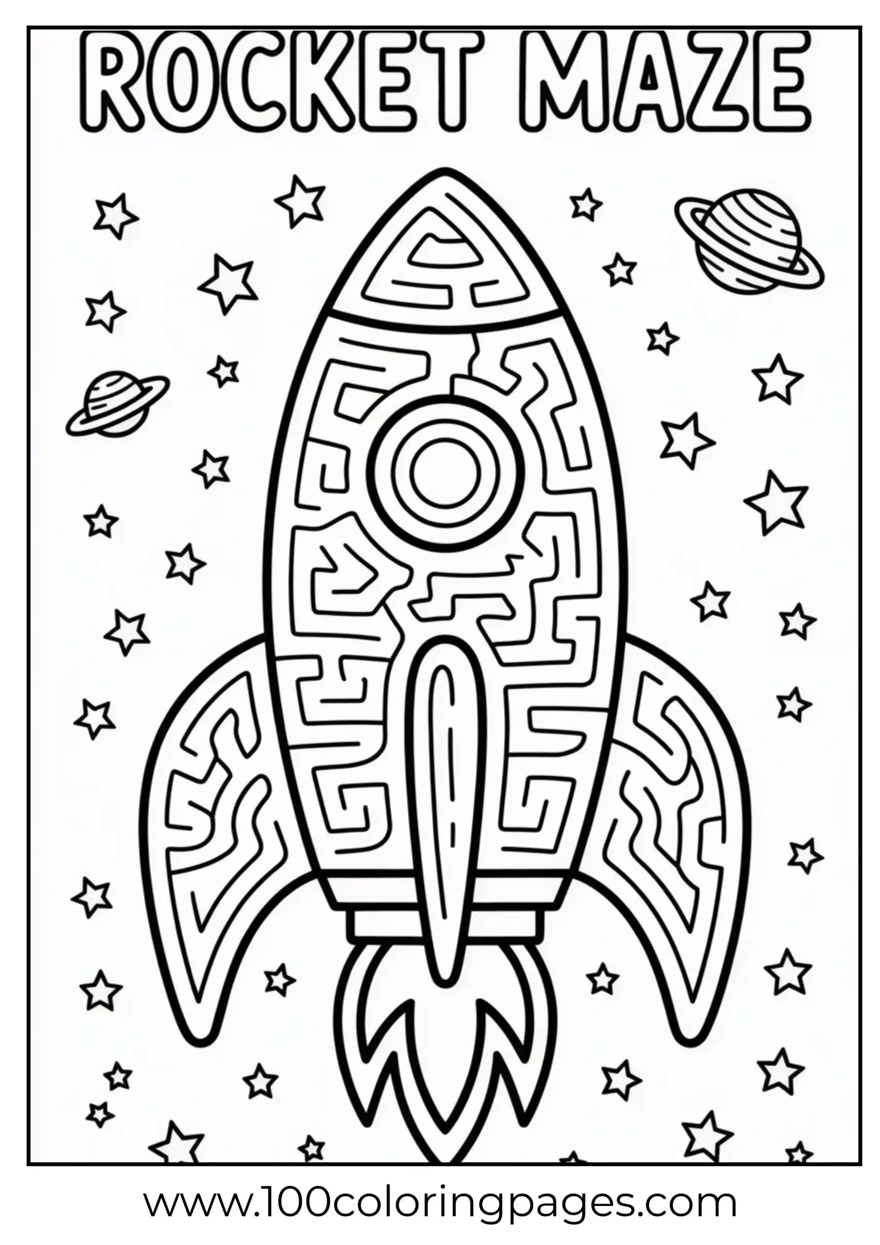 Maze in shape of a rocket coloring page