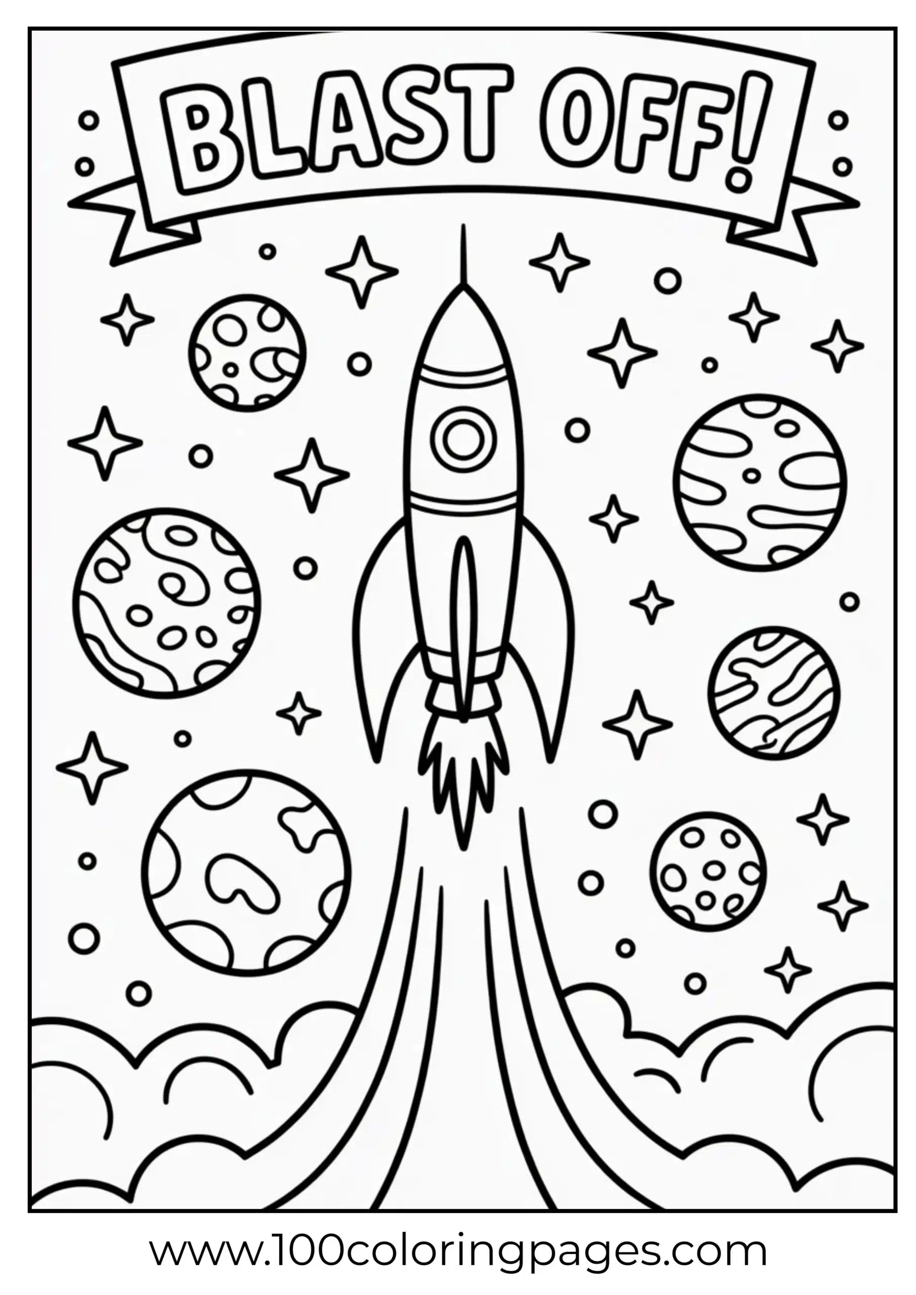 Rocket flying past planets coloring page