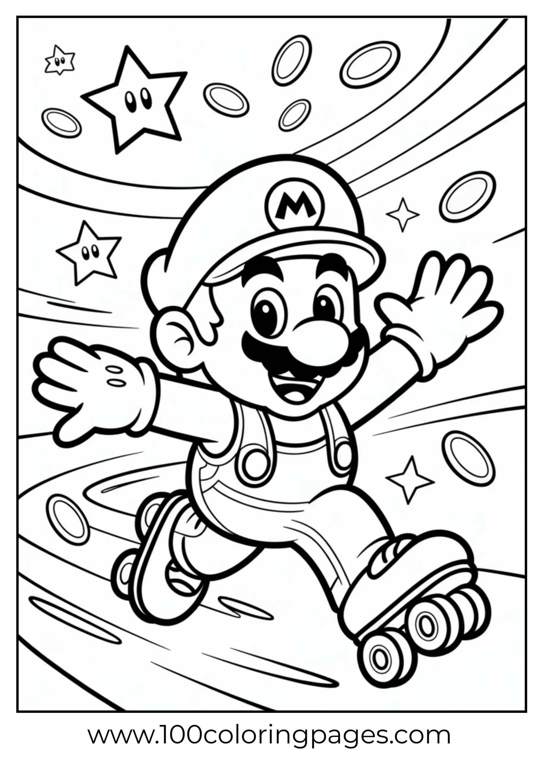 Mario roller skating with joy in a line art scene