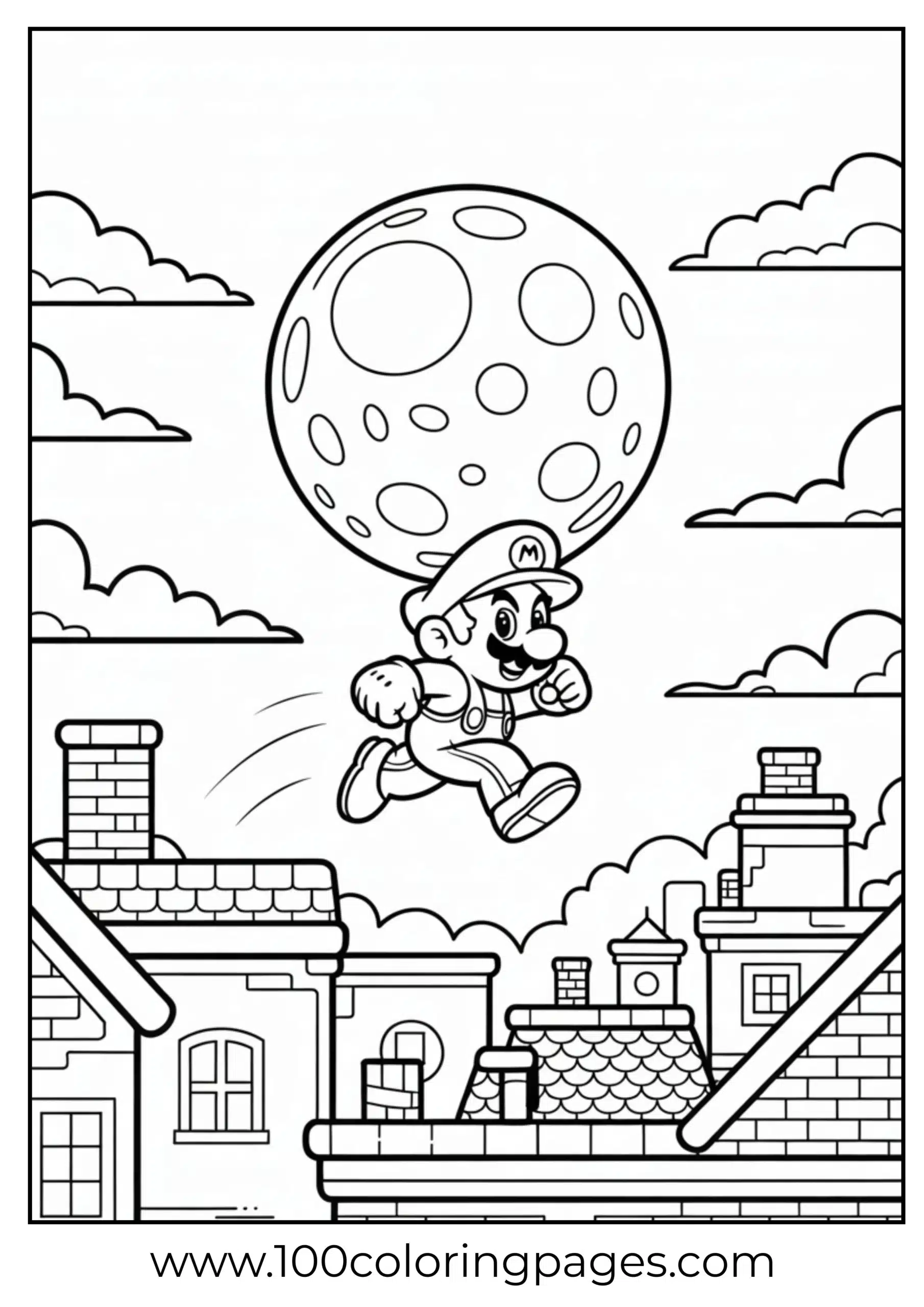 Mario running on rooftops in a nighttime action coloring scene
