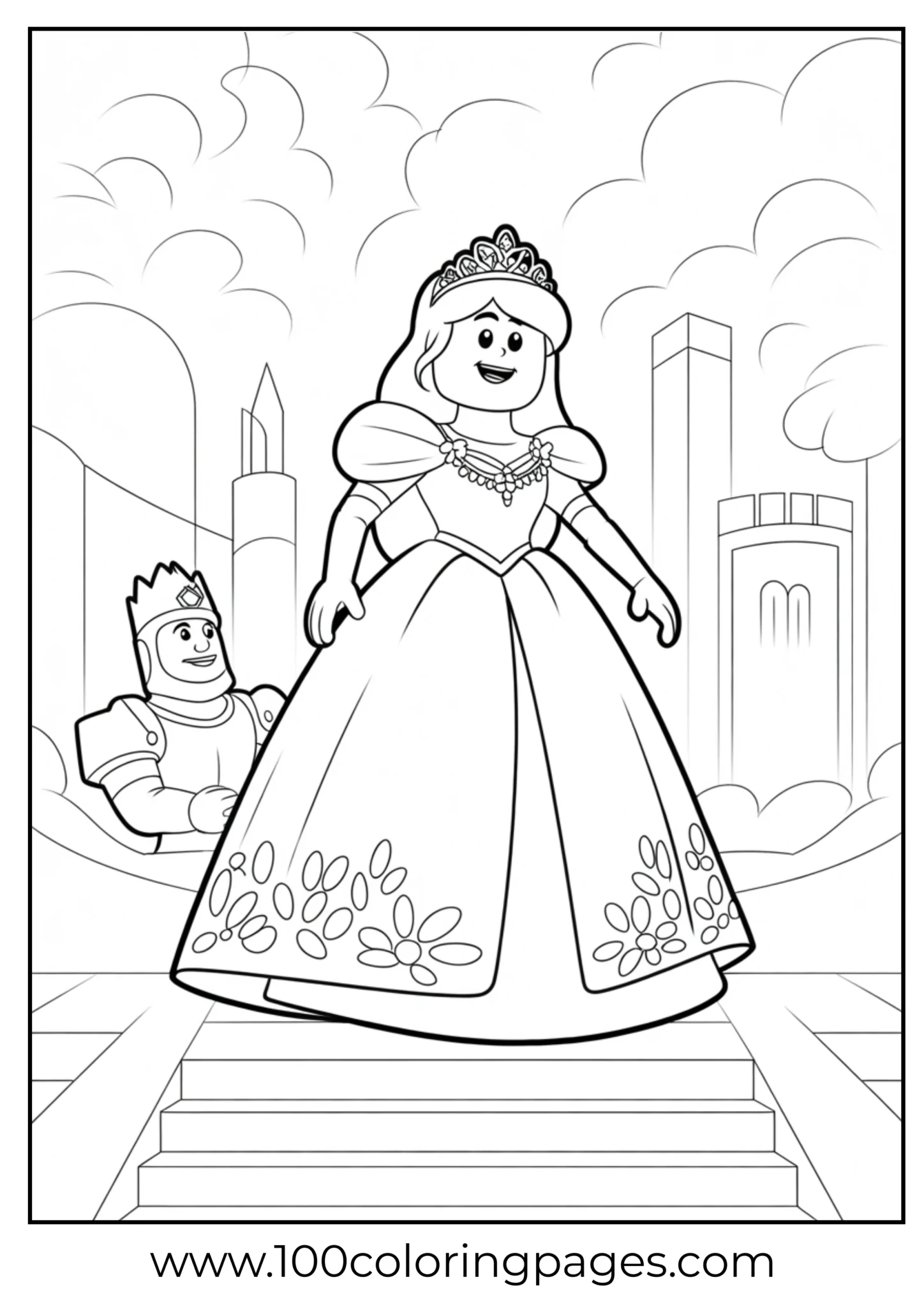Princess and knight in front of a castle, ready to color
