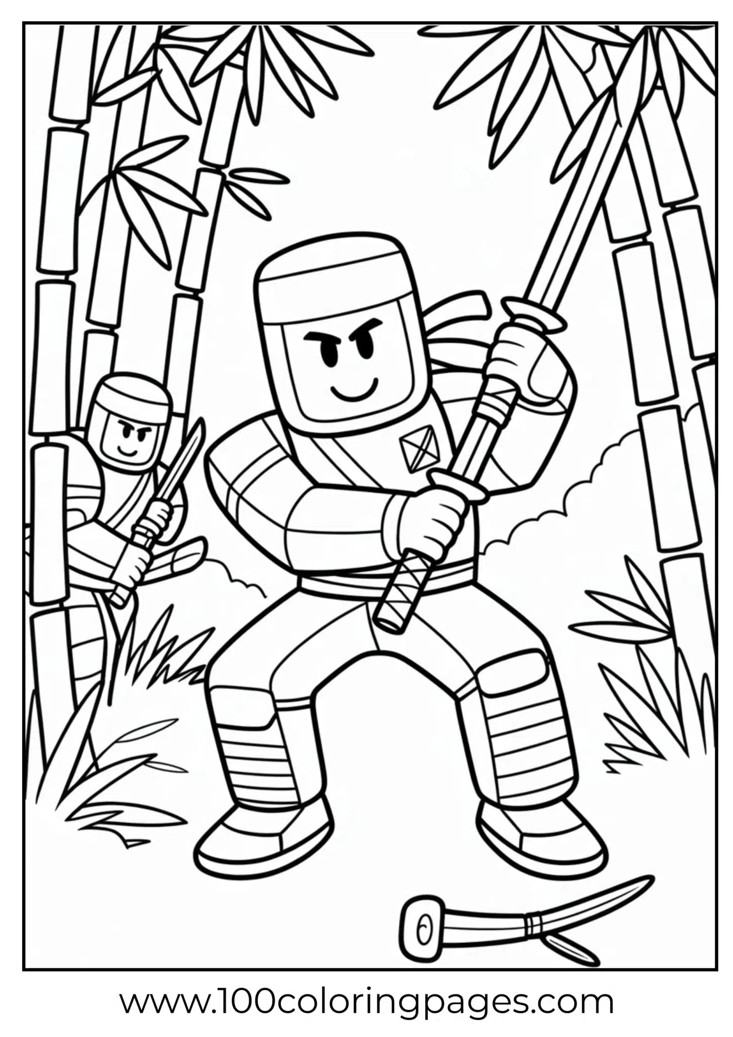 Two samurai warriors among bamboo plants on a coloring page