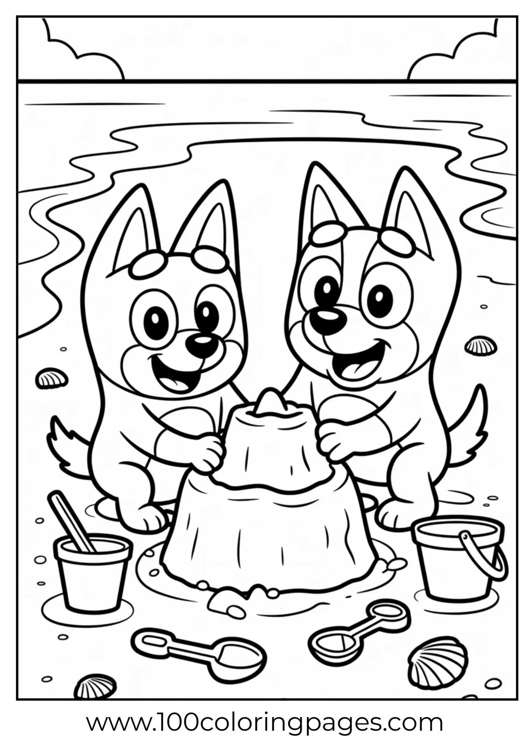 Bluey and Bingo at the beach coloring page