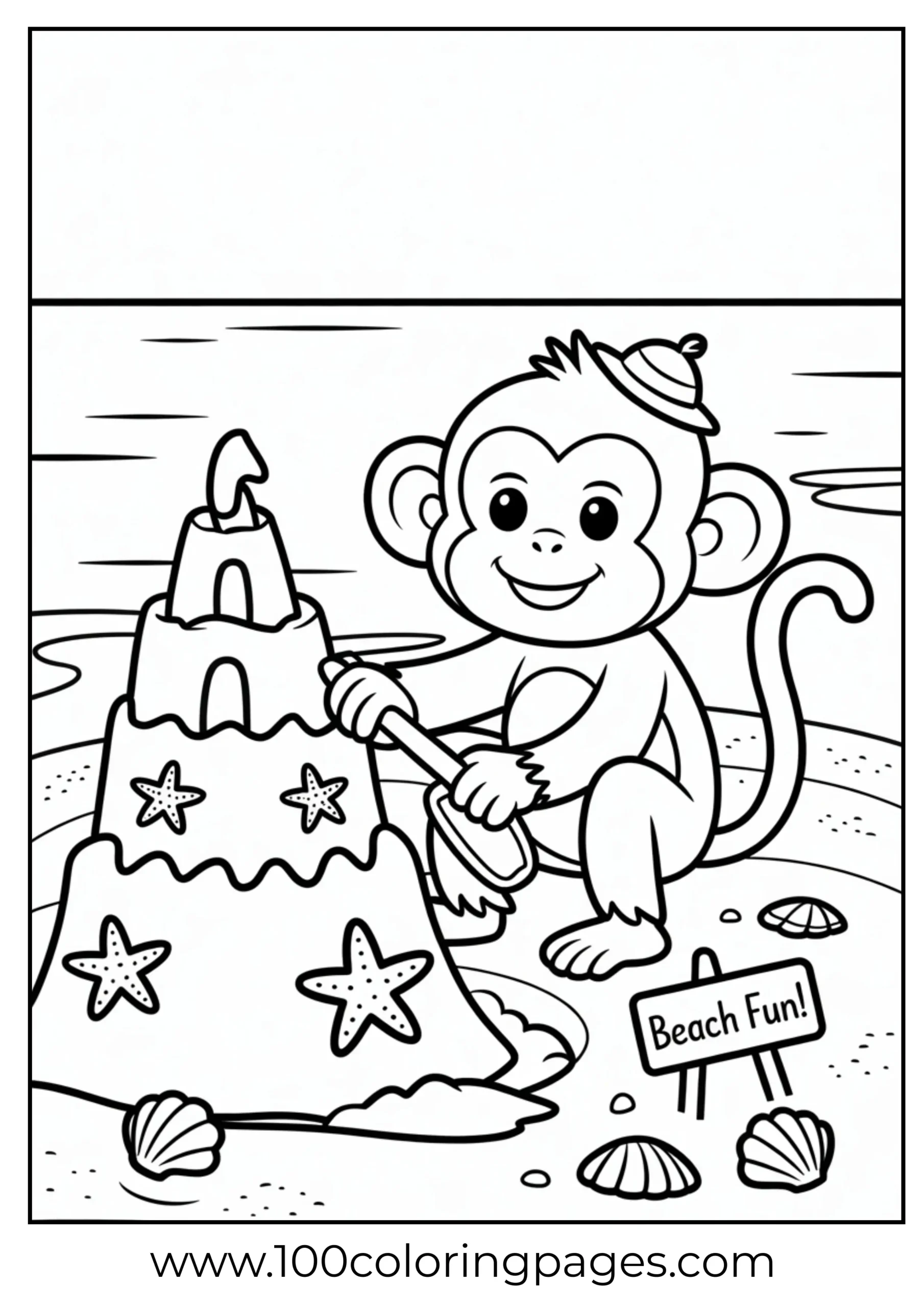 Monkey building sandcastle coloring page