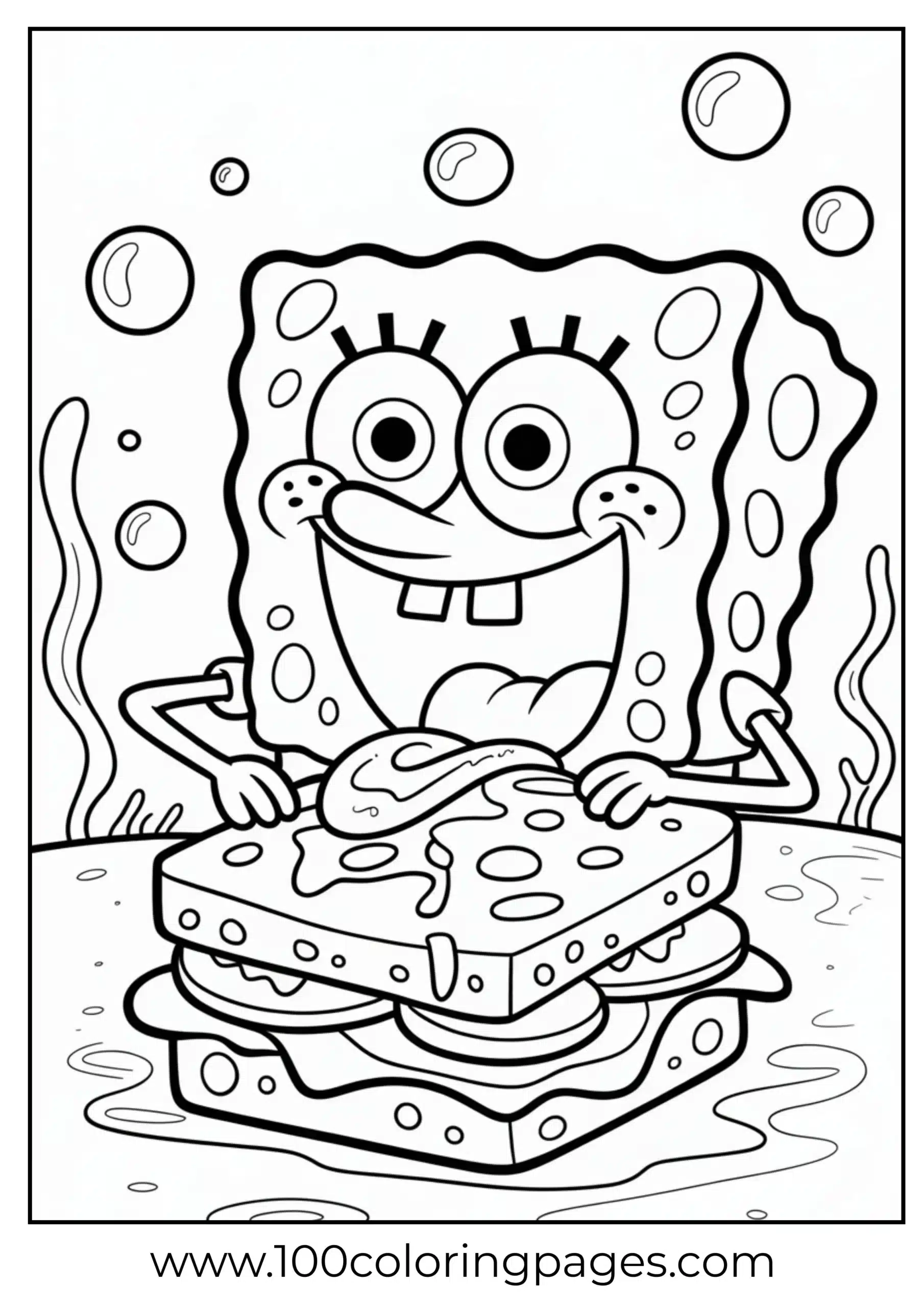 SpongeBob about to bite giant sandwich as coloring page