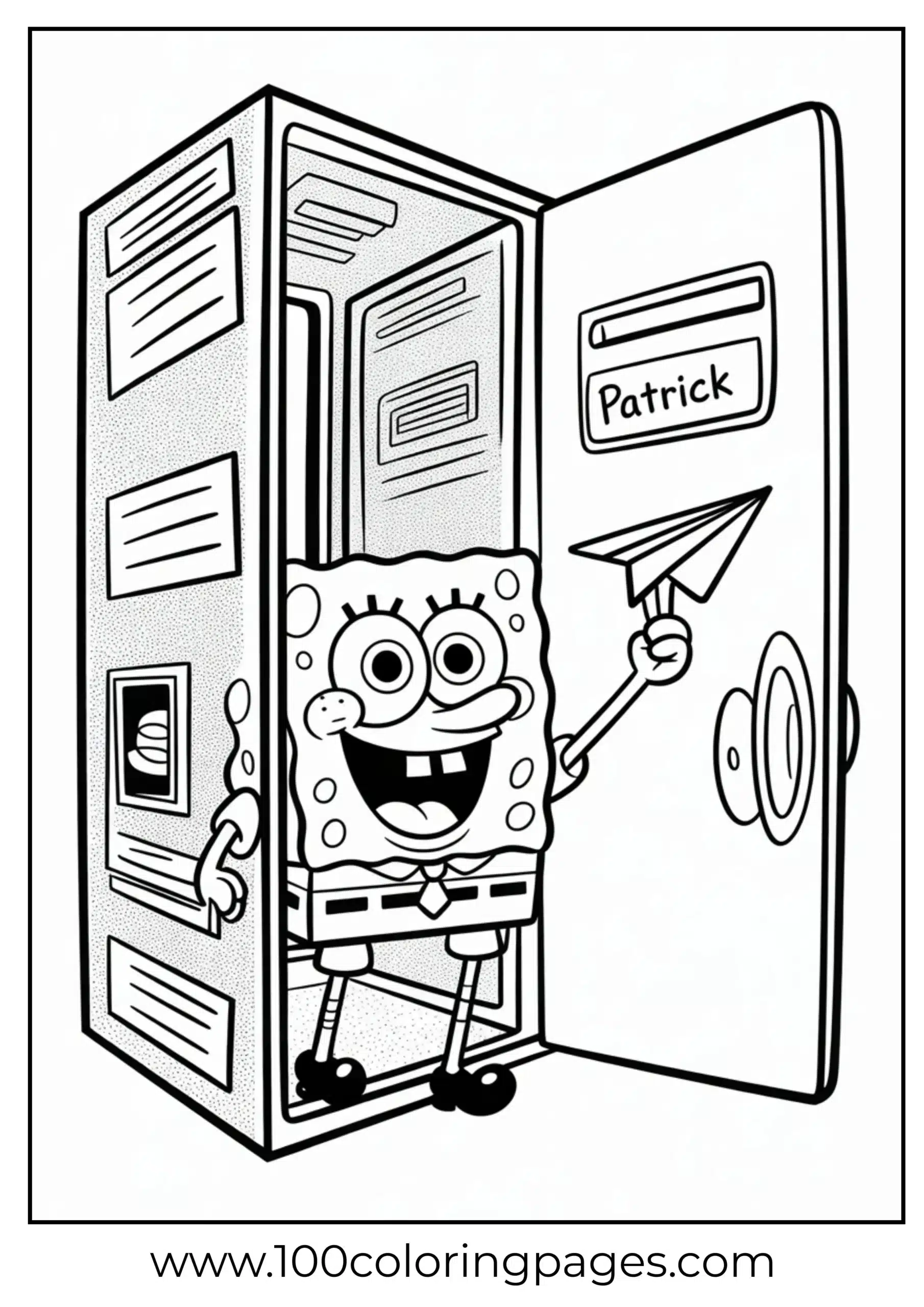 SpongeBob ready for school with airplane and locker