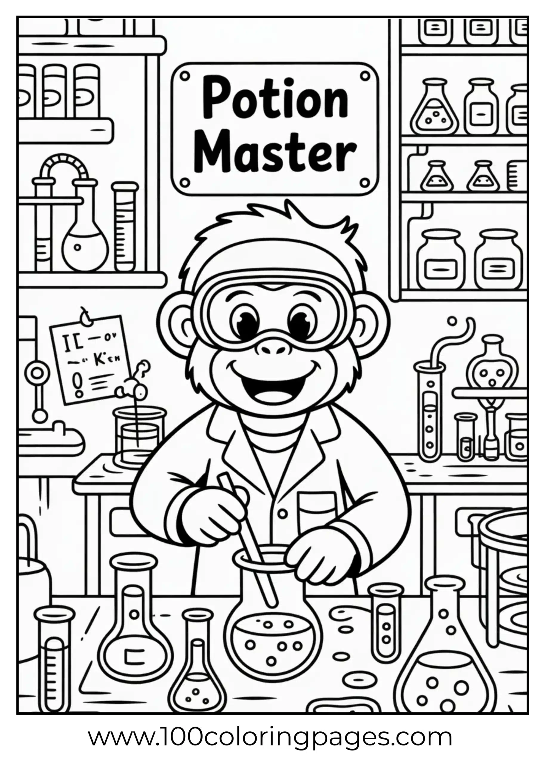 Monkey doing potion experiments coloring page