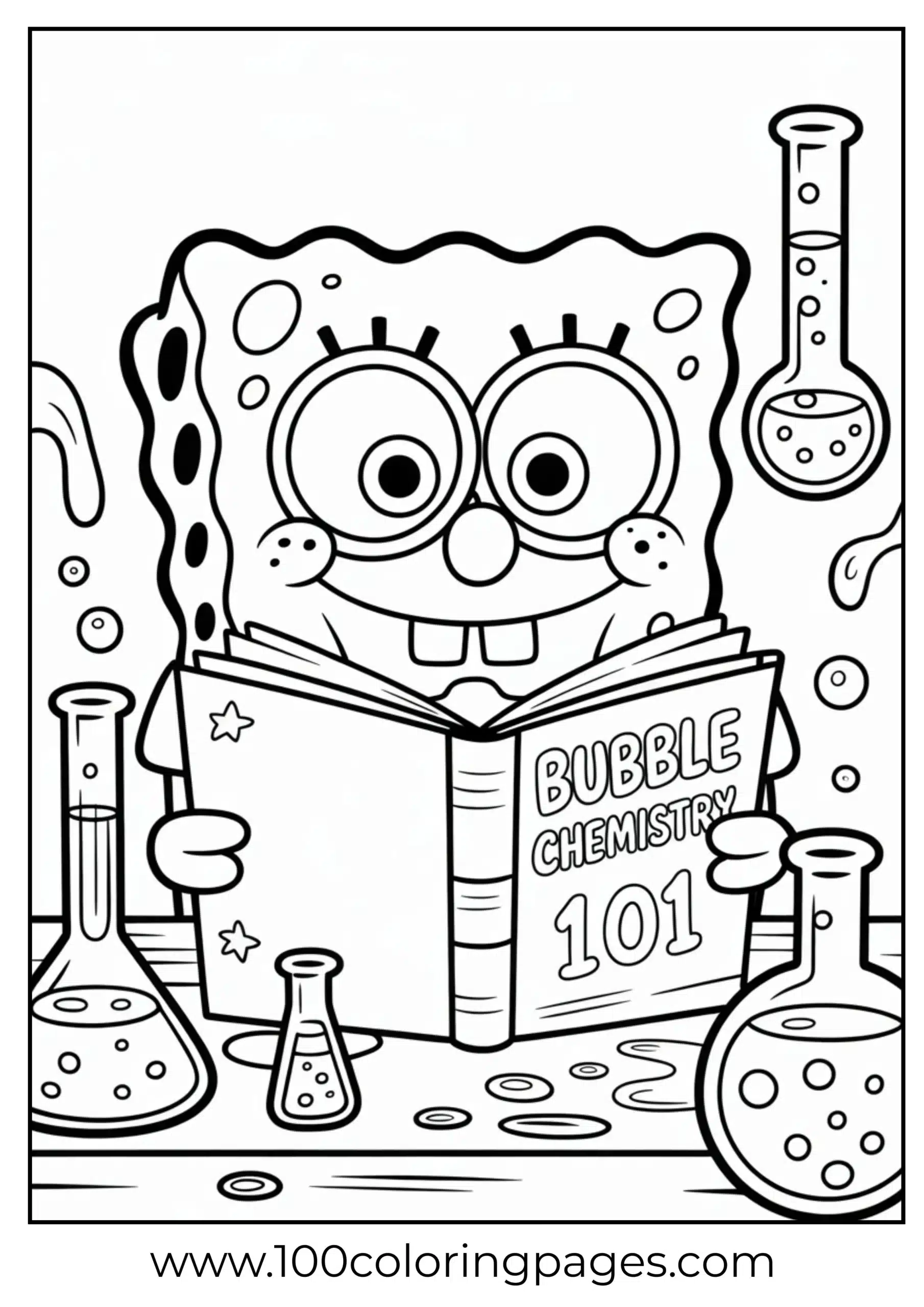 SpongeBob in glasses reading science book in lab