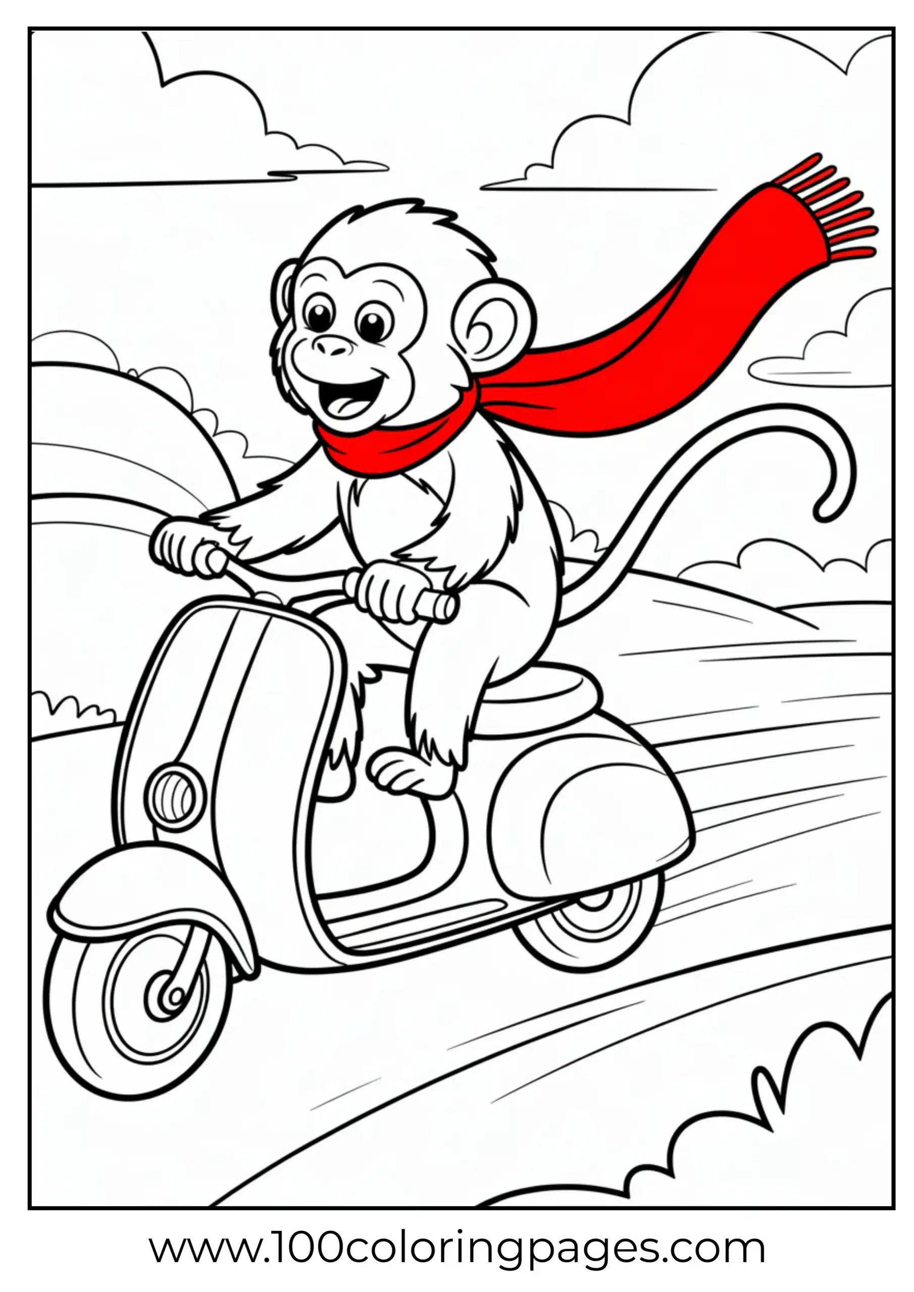 Monkey on scooter coloring page