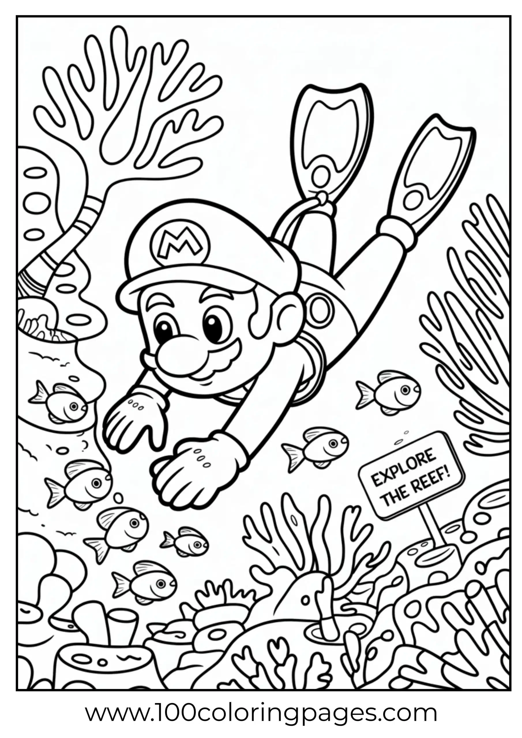 Mario scuba diving under sea for ocean-themed coloring