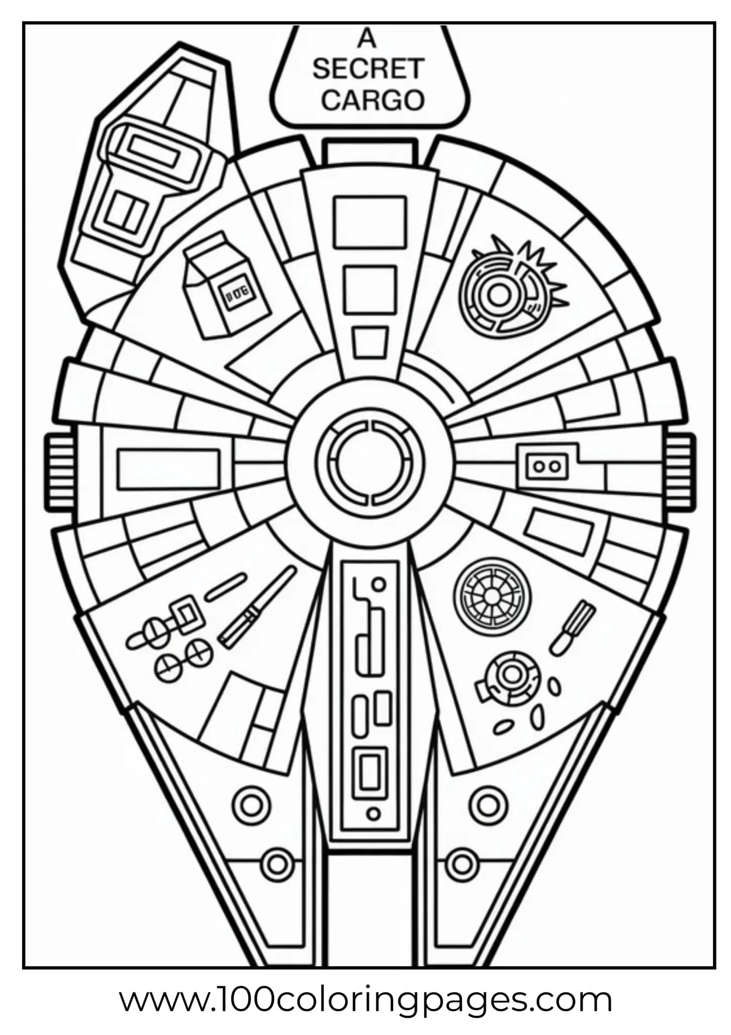 Coloring page of a spaceship with labeled cargo