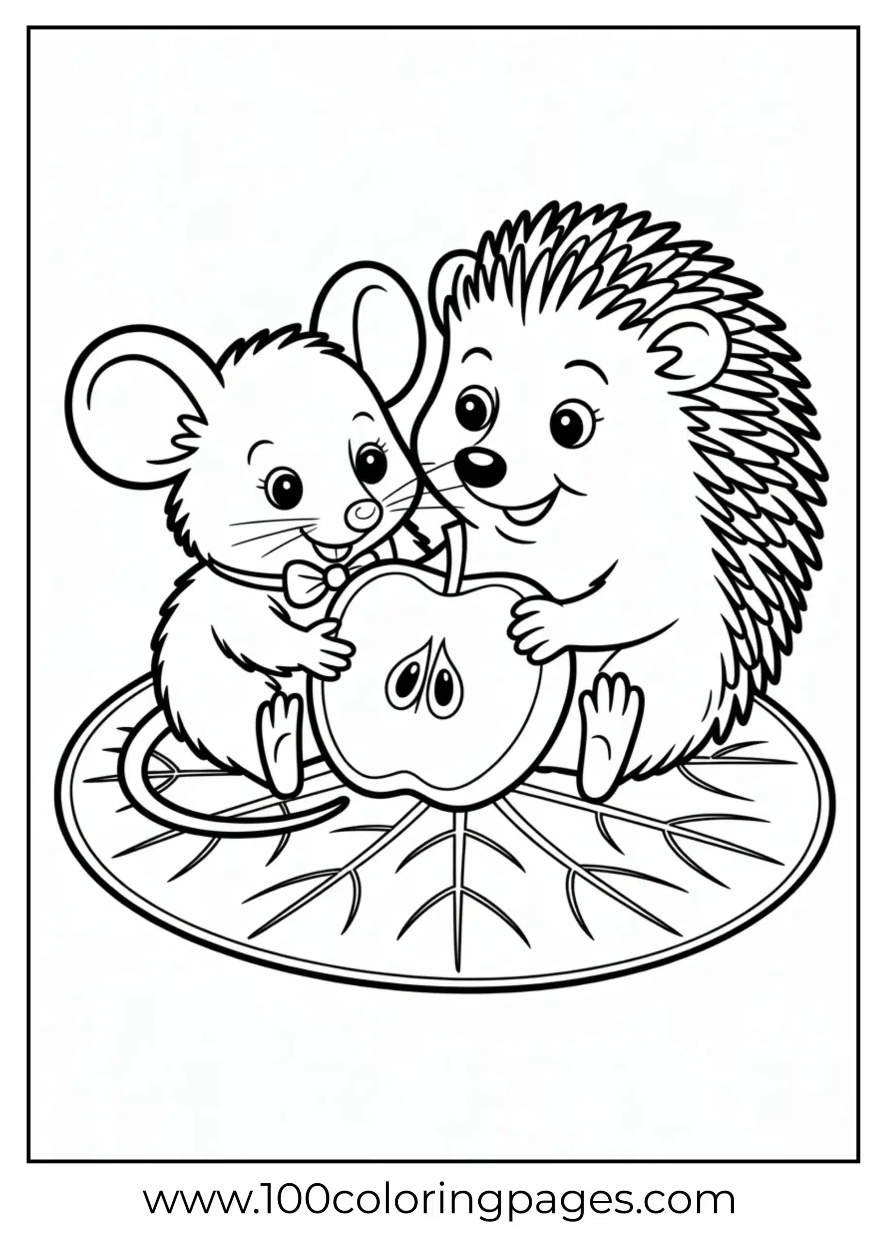 Mouse and hedgehog sharing snack coloring page