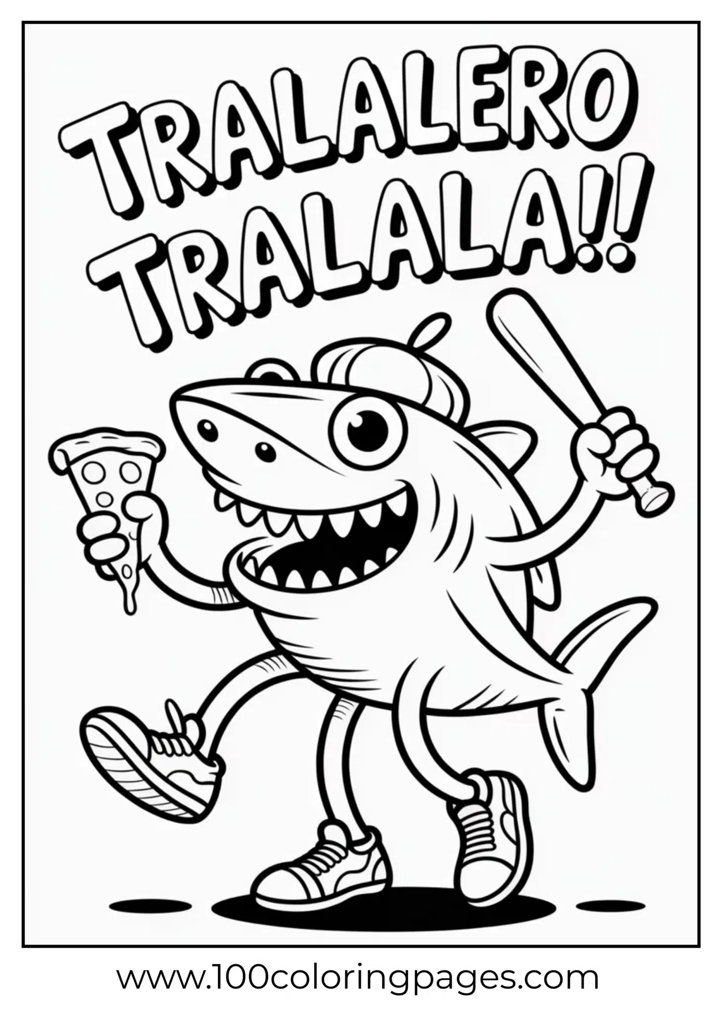 Cartoon shark holding pizza and drumsticks, dancing happily