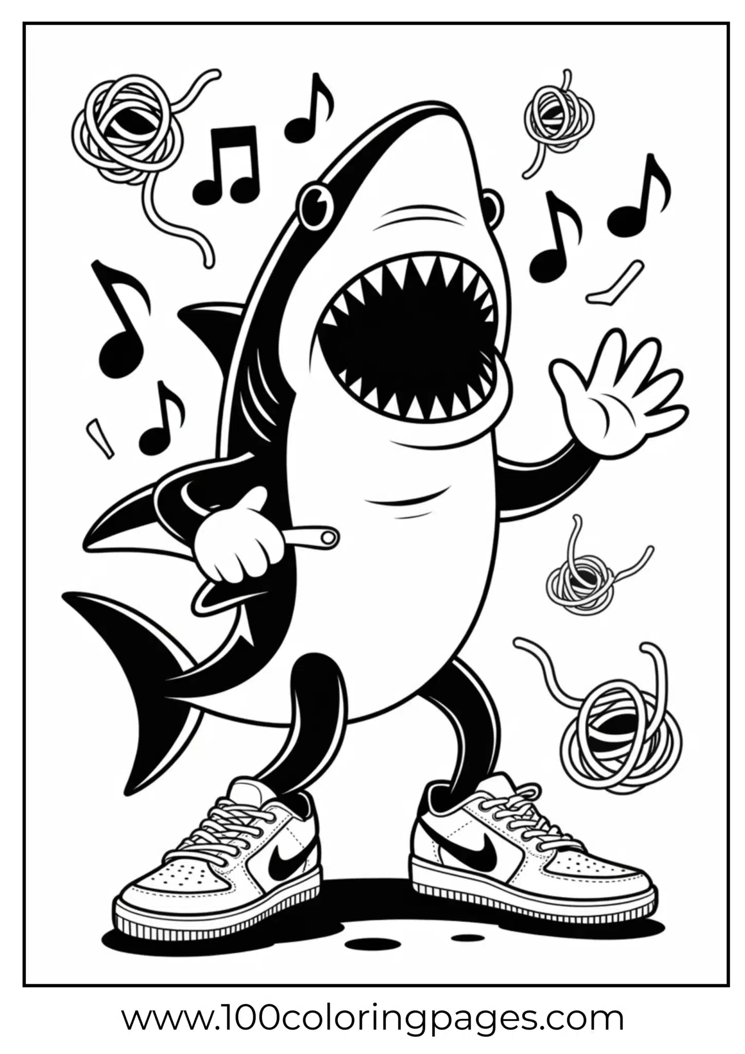A cartoon shark singing and dancing with sneakers