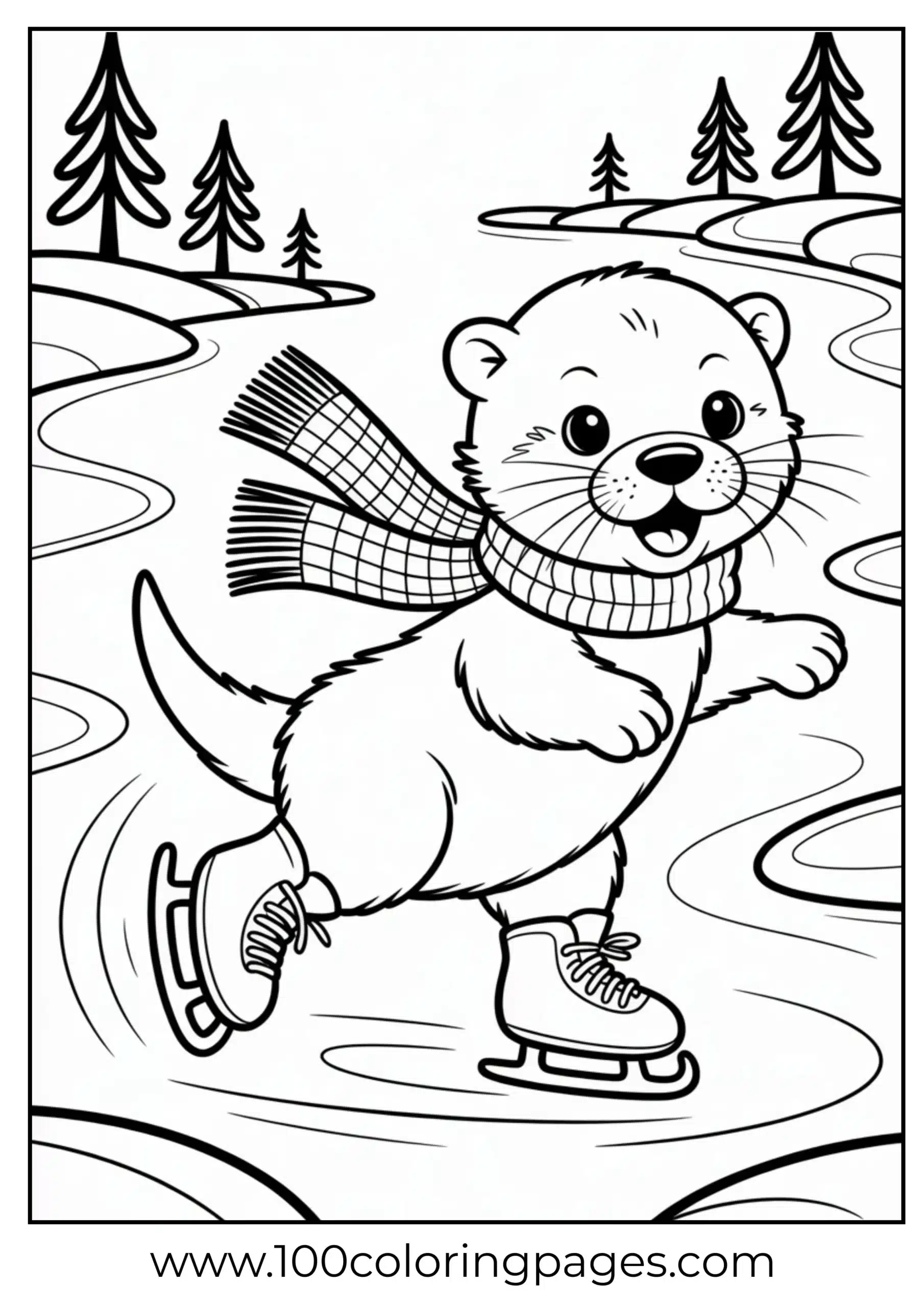 Otter pup skating in scarf coloring page