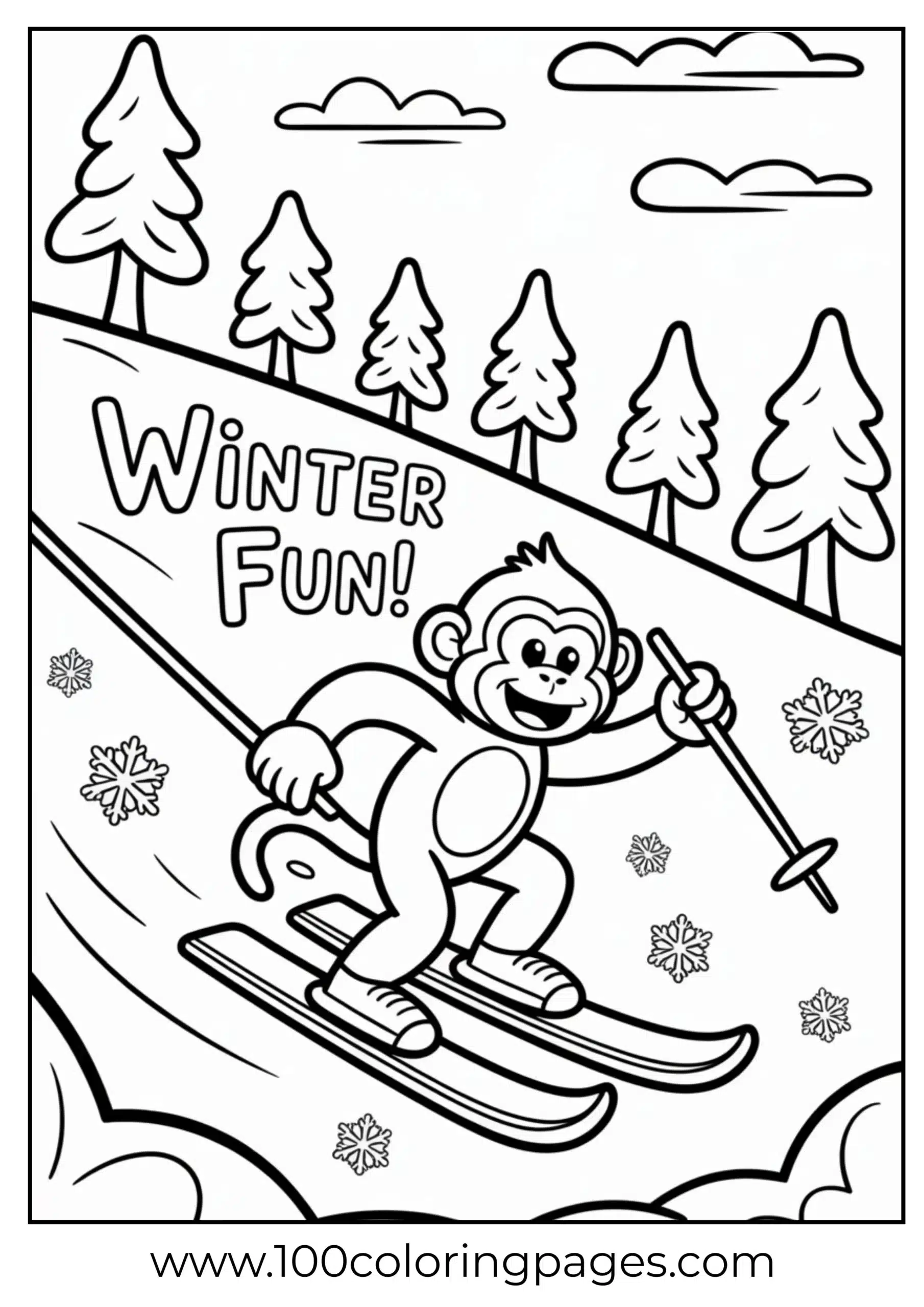 Monkey skiing on banana skis coloring page