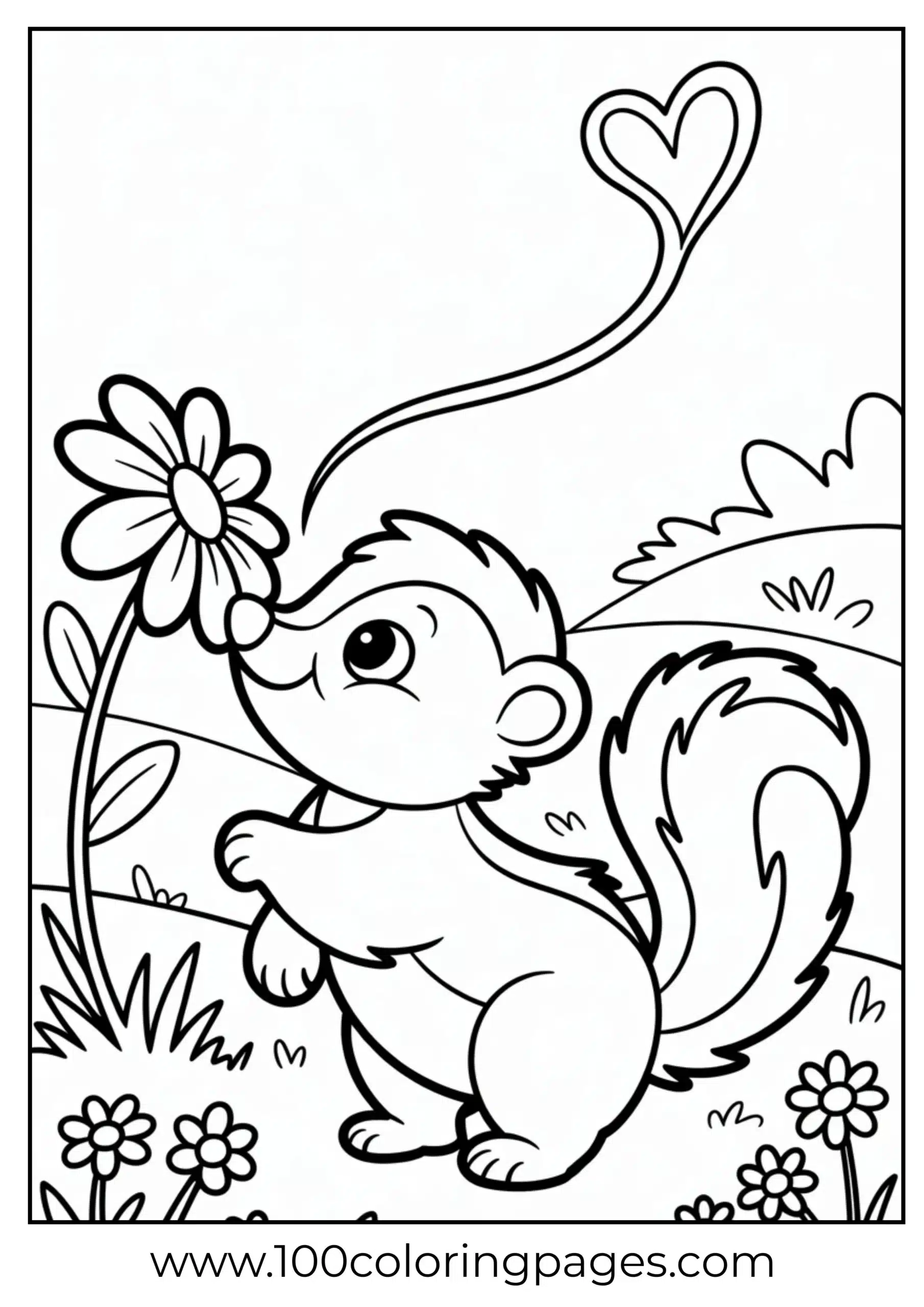 Baby skunk sniffing flower coloring page