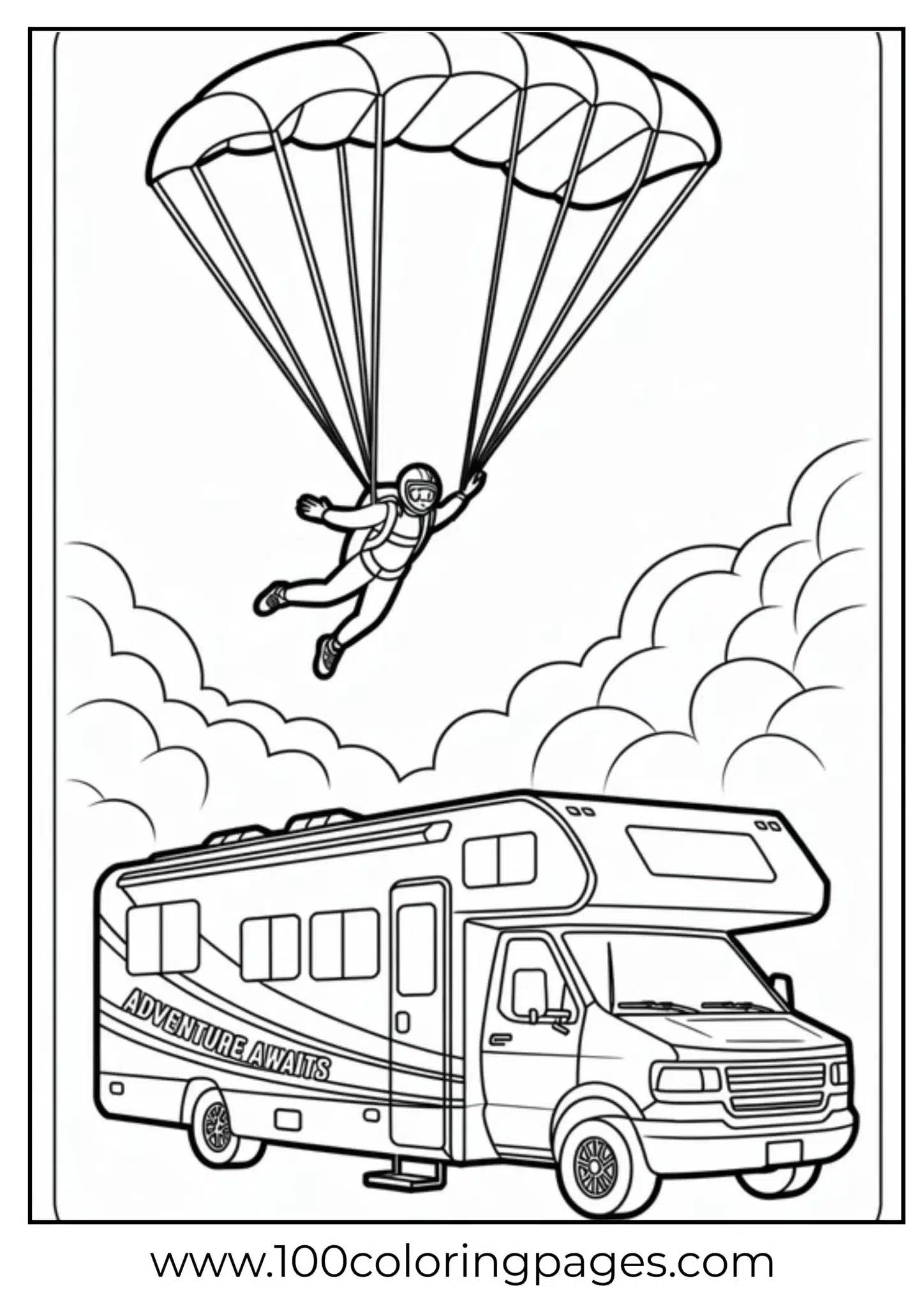 Skydiver parachuting above an RV with 'Adventure Awaits' text