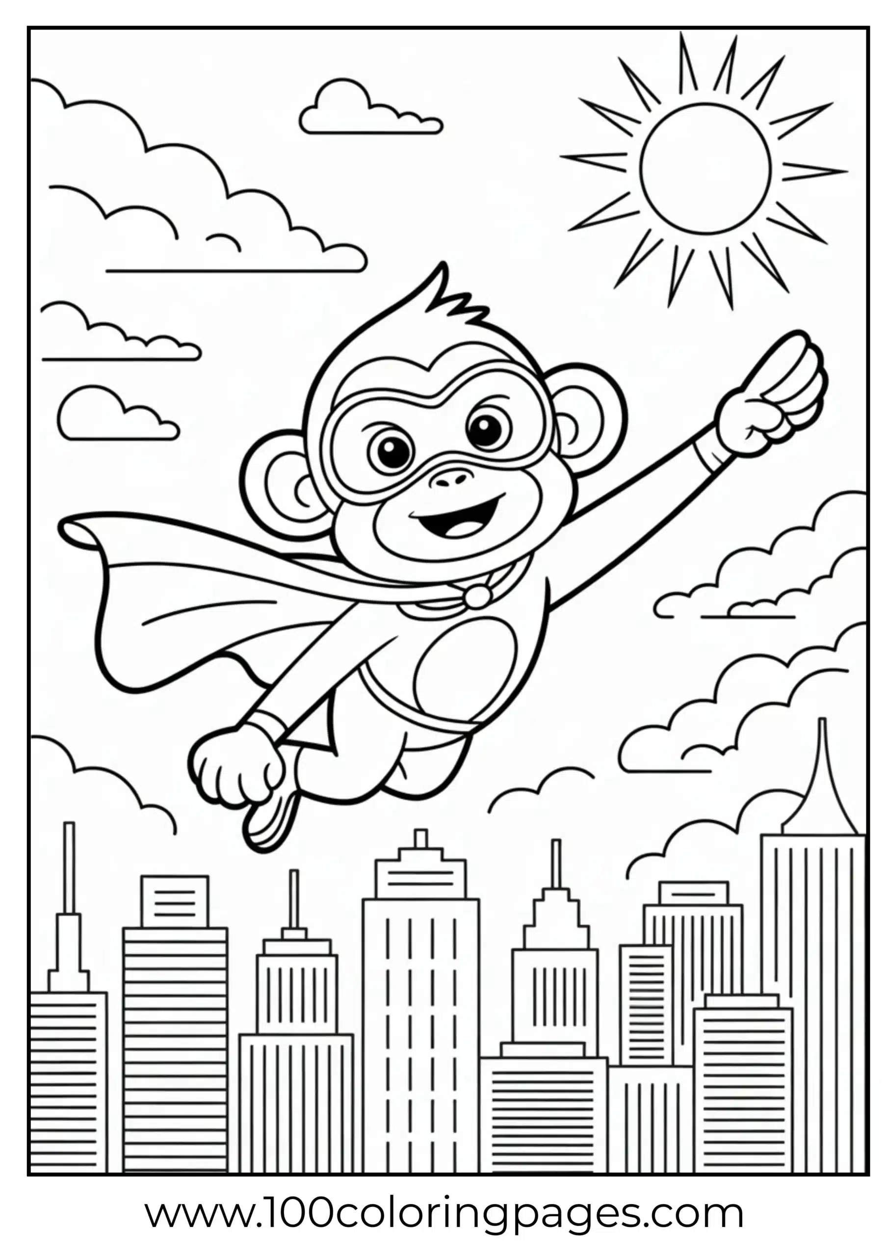 Monkey hero flying over city coloring page