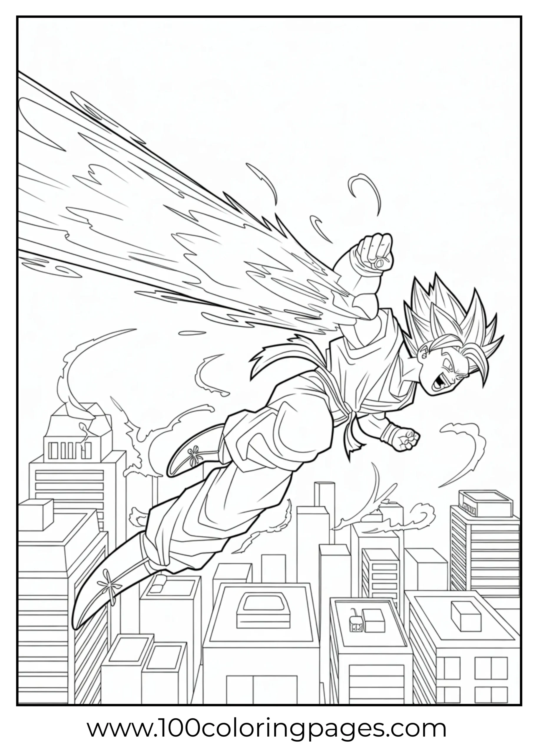 Goku dashing over city with energy trails coloring page
