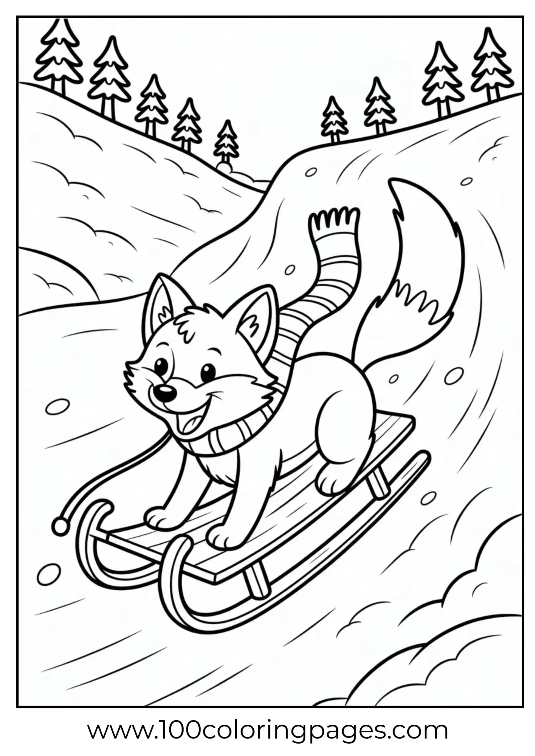Fox sledding down snow hill
