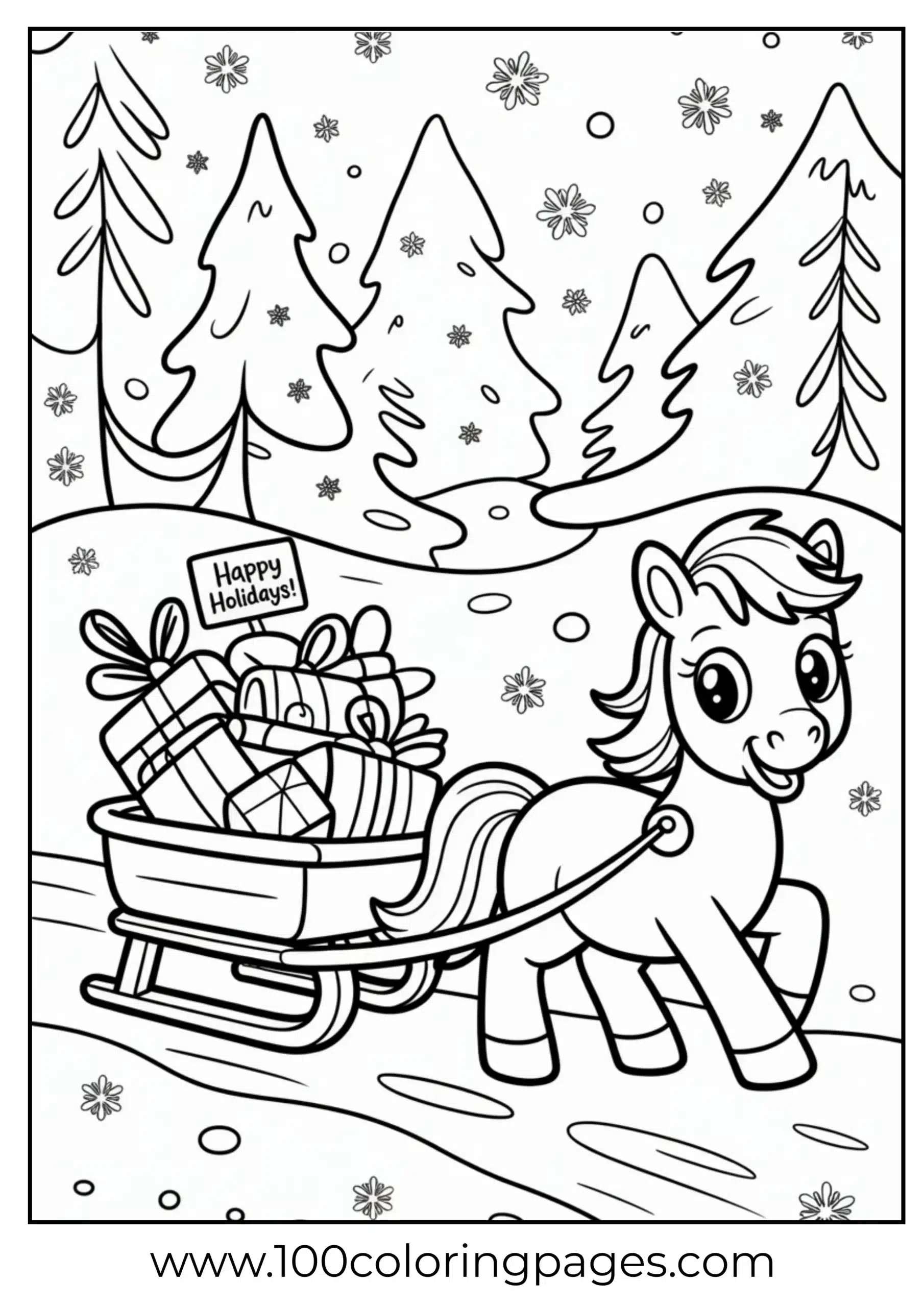 Pony pulling gift sled in snow